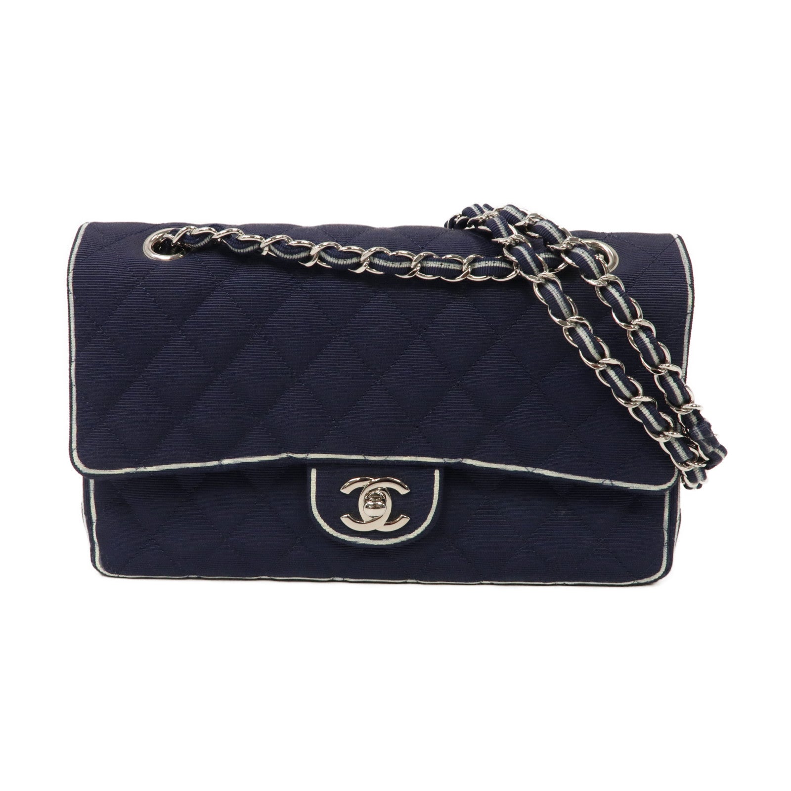 CHANEL 菱格帆布Chain Shoulder Bag銀扣肩背袋深藍色