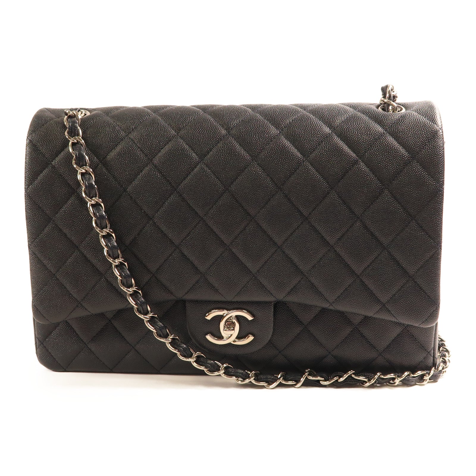 CHANEL 牛皮皮革Maxi Classic銀扣鏈帶肩背袋
