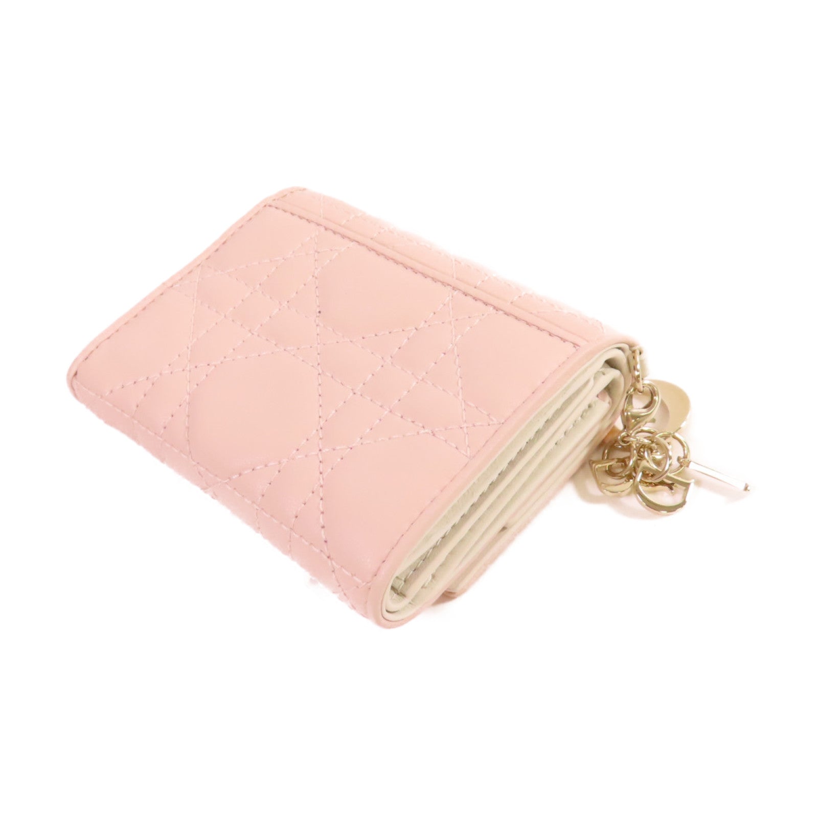 Dior 羊皮皮革Lady Dior Lotus Wallet金扣短錢包粉紅色