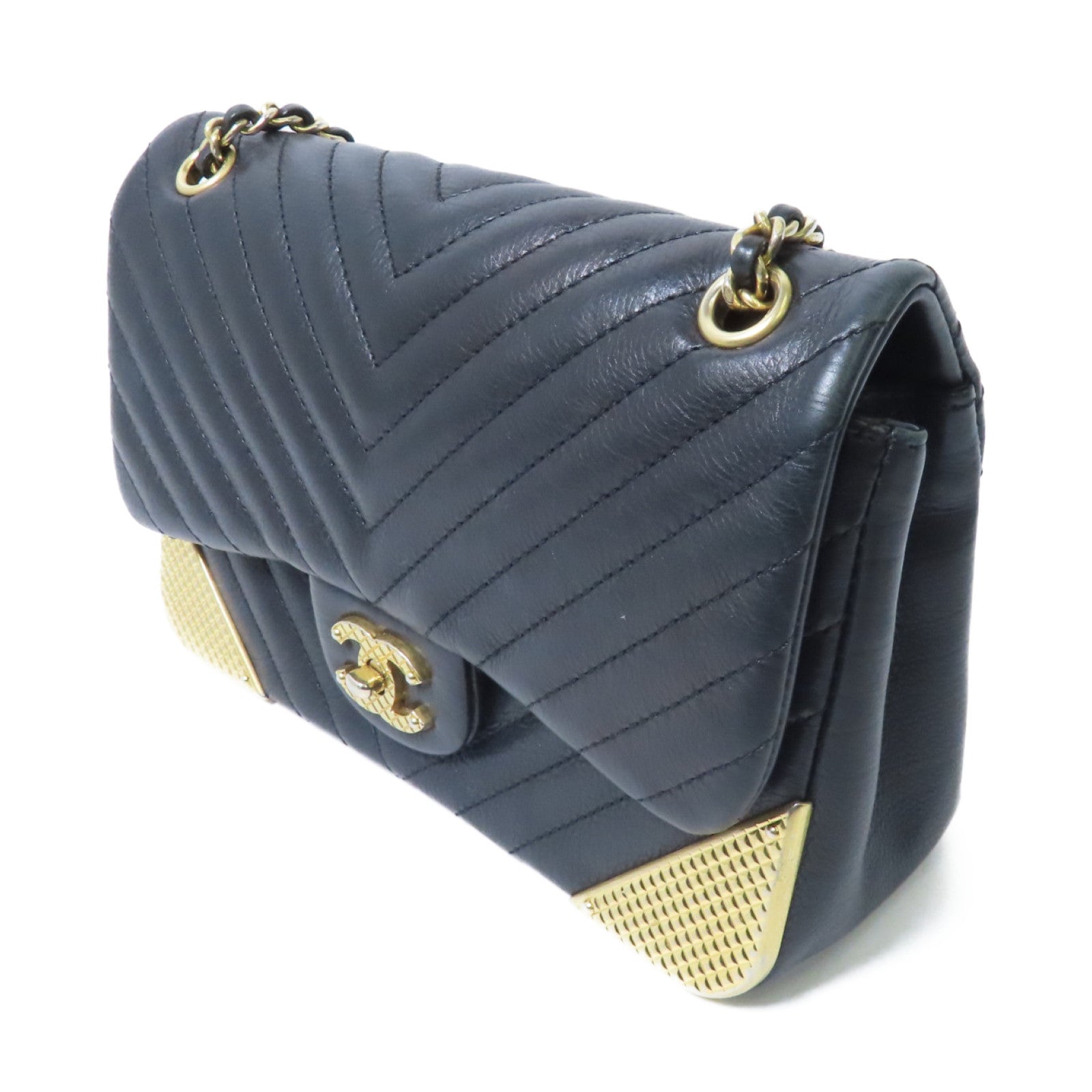 CHANEL 【激減優惠】斜紋羊皮皮革Rock the Corner Flap金扣鏈帶肩背袋黑色