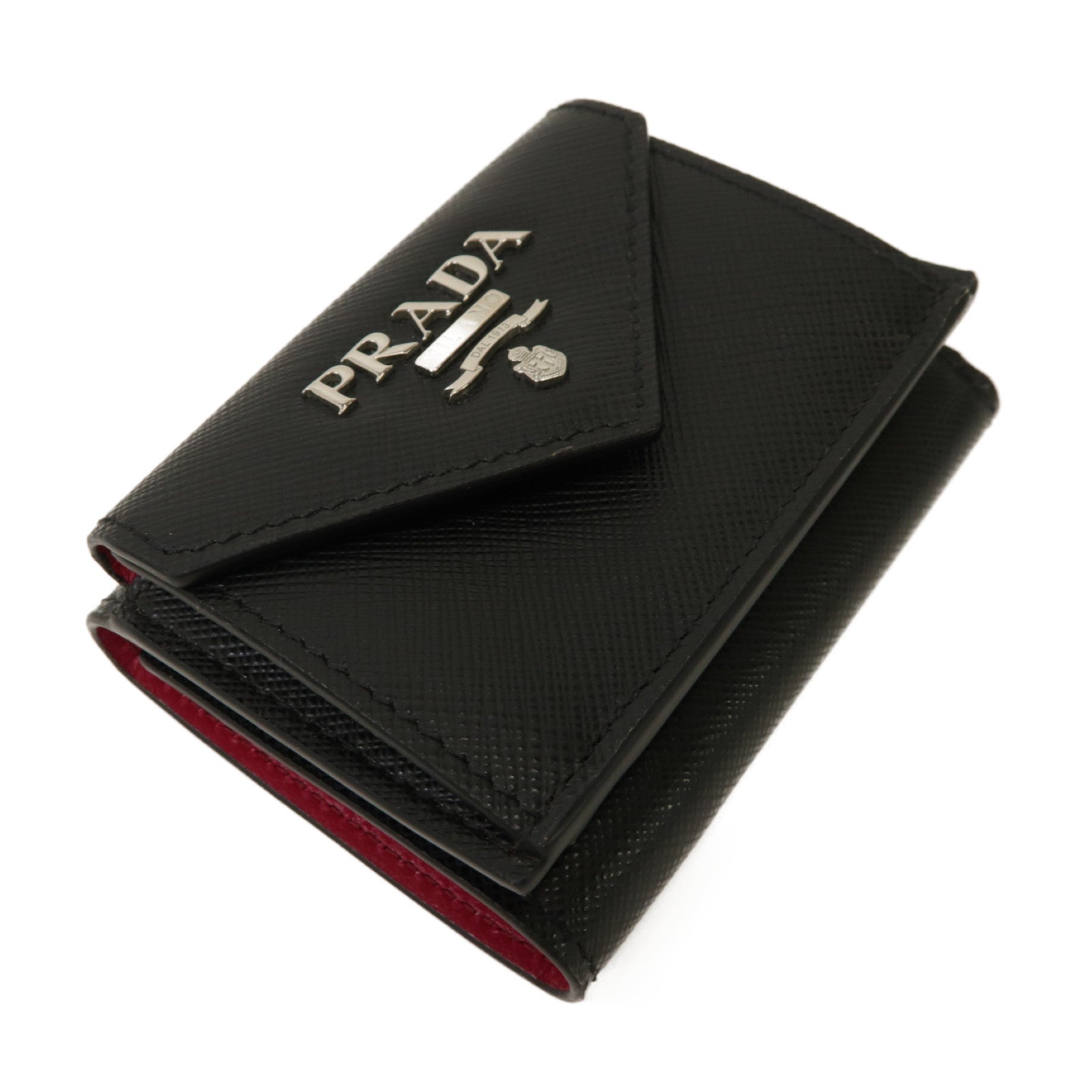 PRADA Saffiano皮革Trifold Wallet銀扣三摺錢包黑色