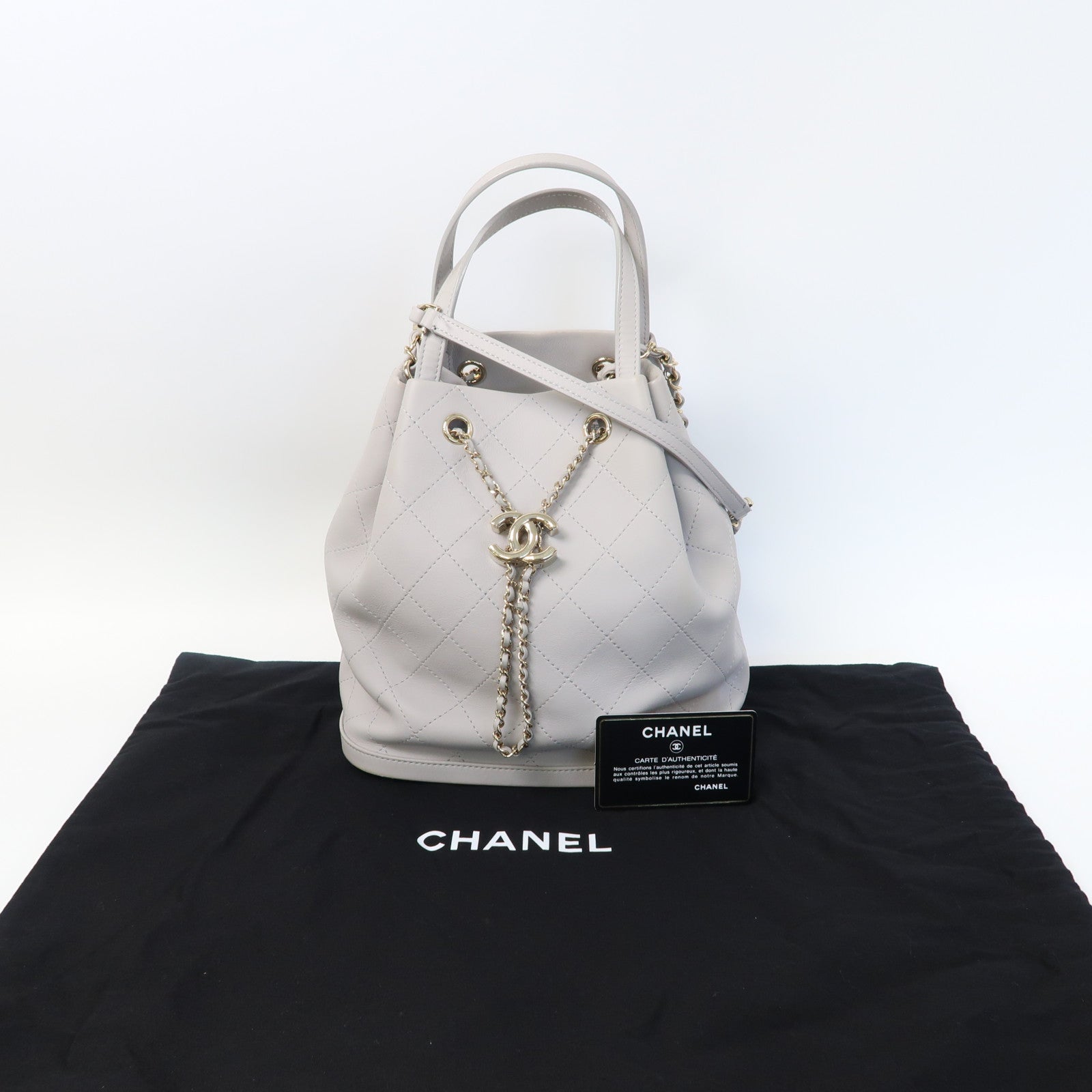 CHANEL 菱格羊皮皮革Chain Shoulder金扣手挽鏈帶肩背兩用袋灰色