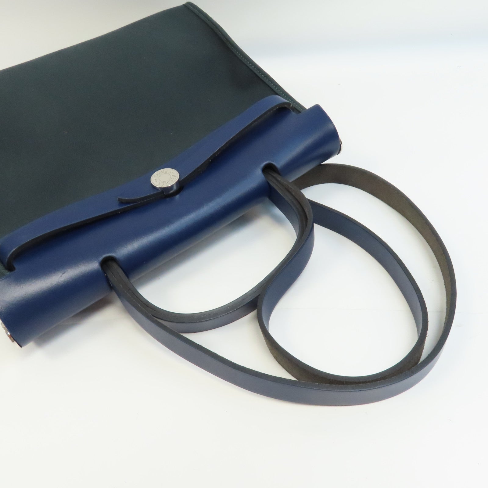HERMES 帆布Herbag PM銀扣手挽肩背兩用袋Vert Cypres/綠色/藍色
