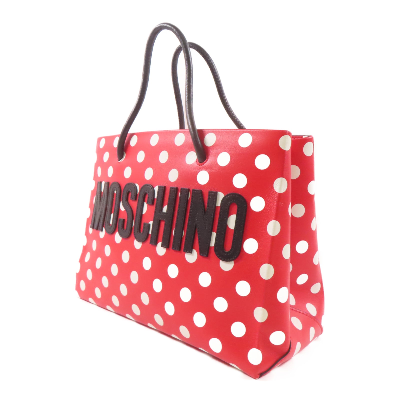 MOSCHINO Tote Bag Handbag 2 Way Shoulder Bag Calfskin Leather Red/White