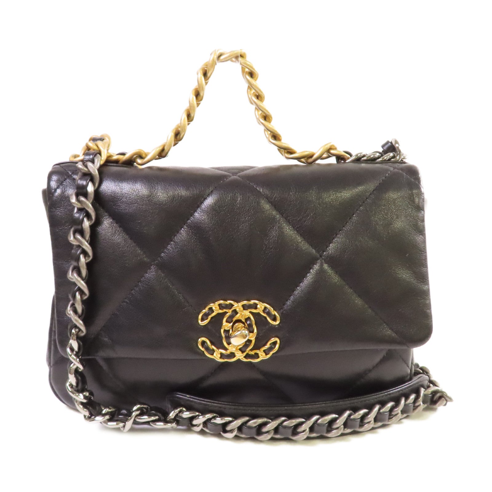 CHANEL 菱格羊皮皮革Chanel 19 Small 2Way Shoulder Bag鏈帶手挽肩背兩用袋黑色