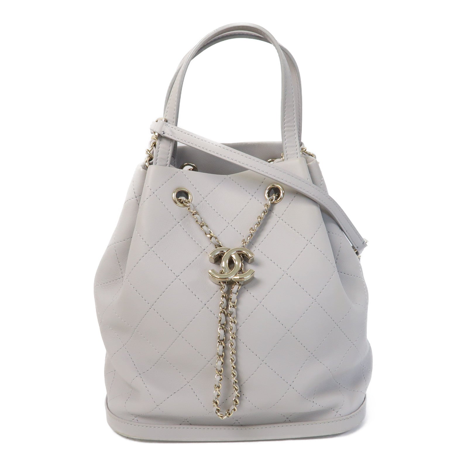 CHANEL 菱格羊皮皮革Chain Shoulder金扣手挽鏈帶肩背兩用袋灰色