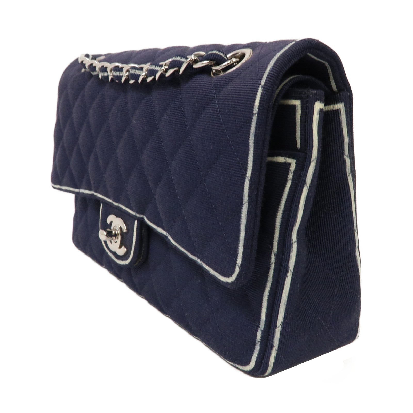 CHANEL 菱格帆布Chain Shoulder Bag銀扣肩背袋深藍色