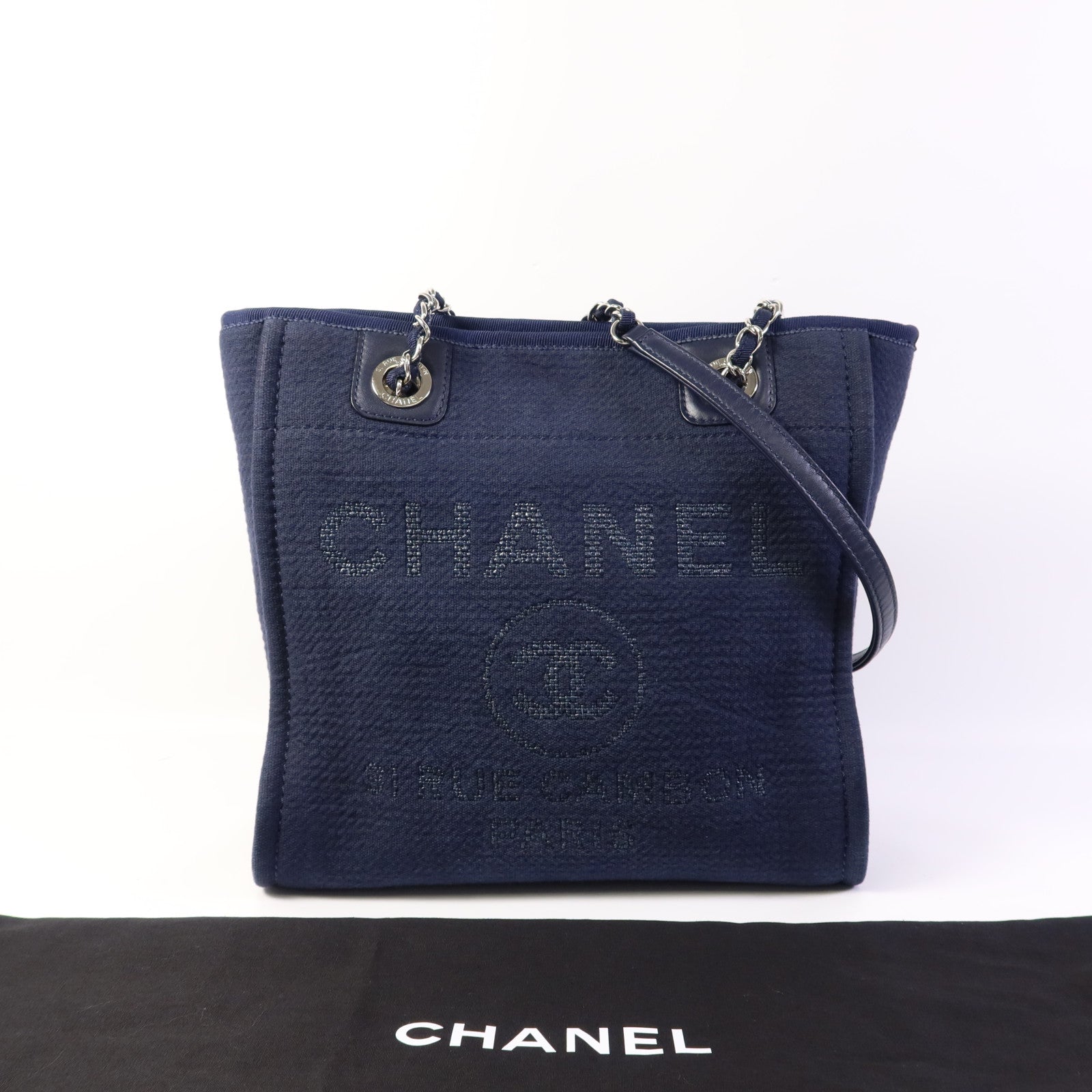 CHANEL 帆布Deauville Tote銀扣鏈帶肩背袋