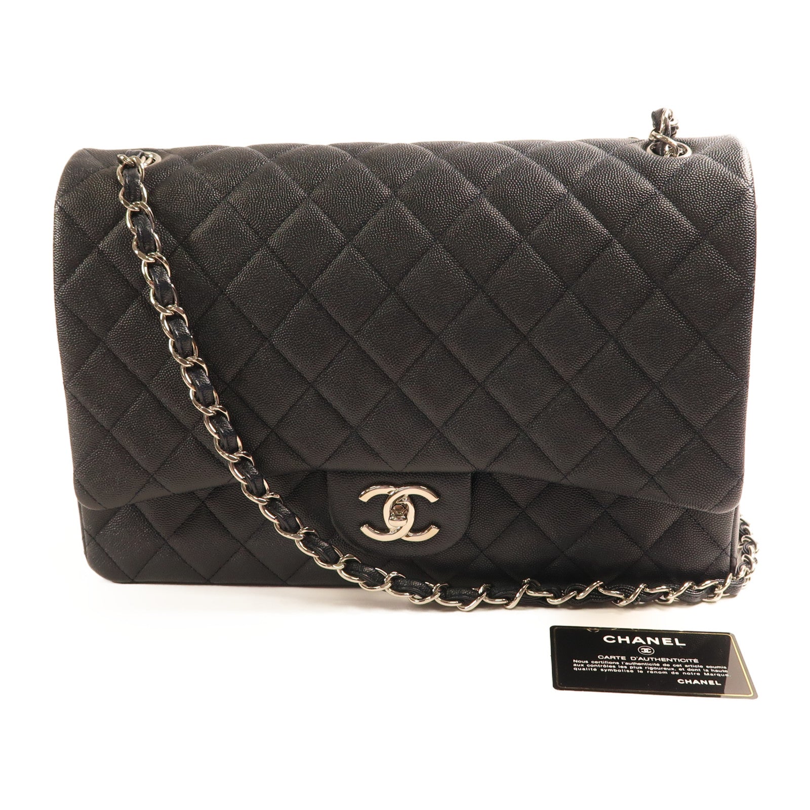 CHANEL 牛皮皮革Maxi Classic銀扣鏈帶肩背袋