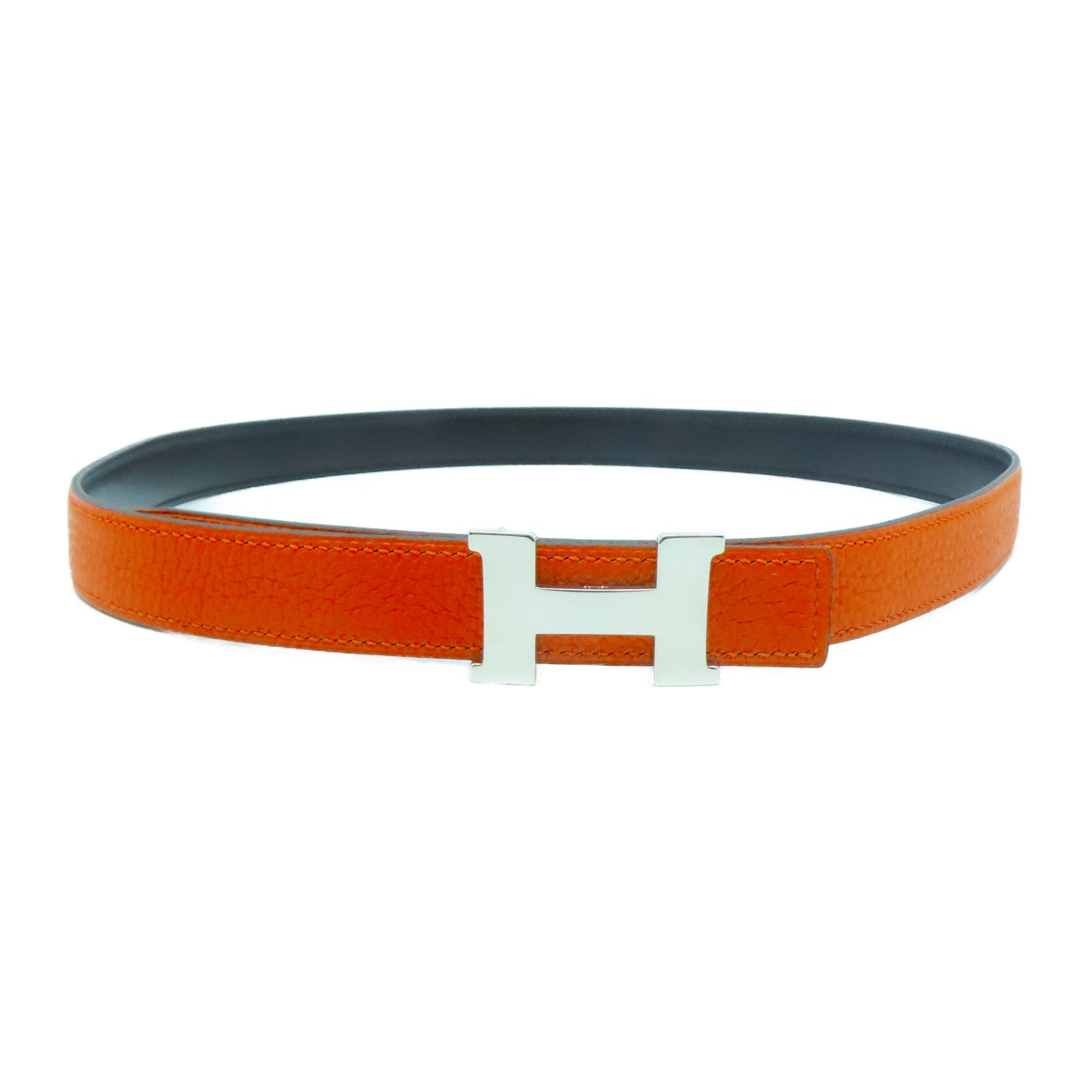 HERMES 【激減優惠】Togo皮革Belt銀扣皮帶橙色/黑色