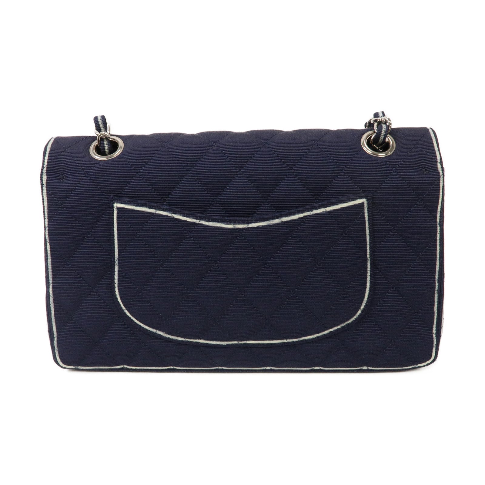 CHANEL 菱格帆布Chain Shoulder Bag銀扣肩背袋深藍色