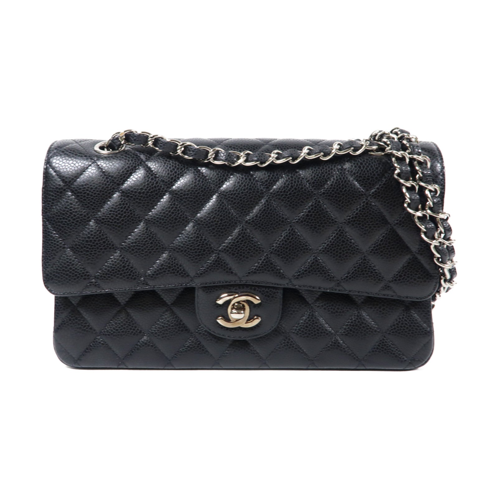 CHANEL 菱格Caviar皮革Classic Flap 25銀扣鏈帶肩背袋黑色