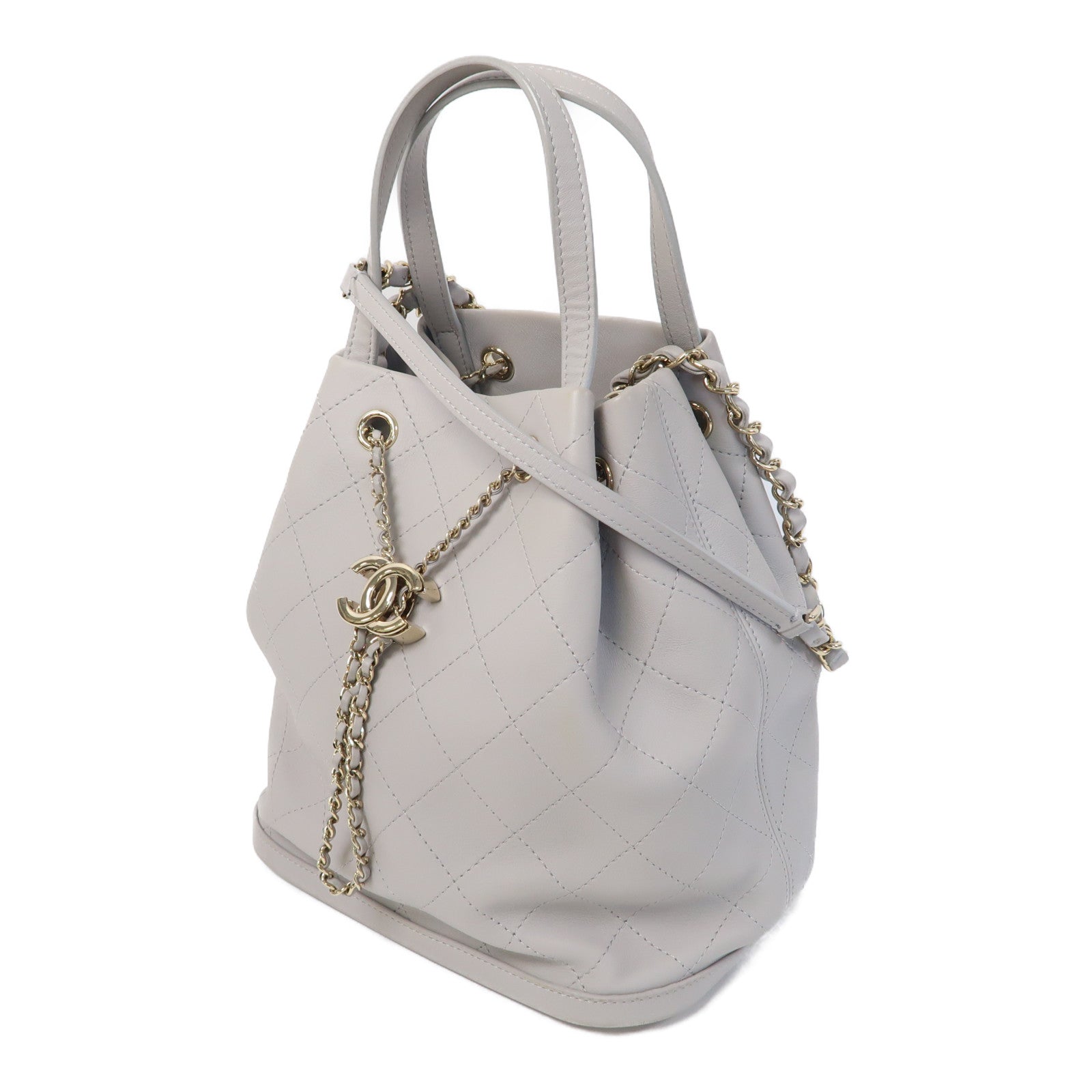 CHANEL 菱格羊皮皮革Chain Shoulder金扣手挽鏈帶肩背兩用袋灰色