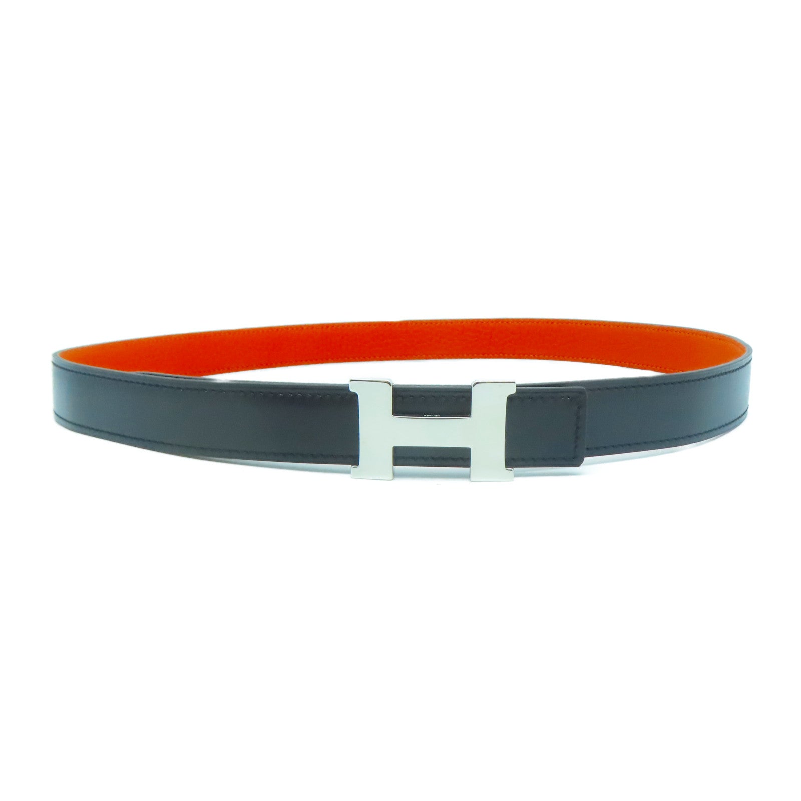 HERMES 【激減優惠】Togo皮革Belt銀扣皮帶橙色/黑色