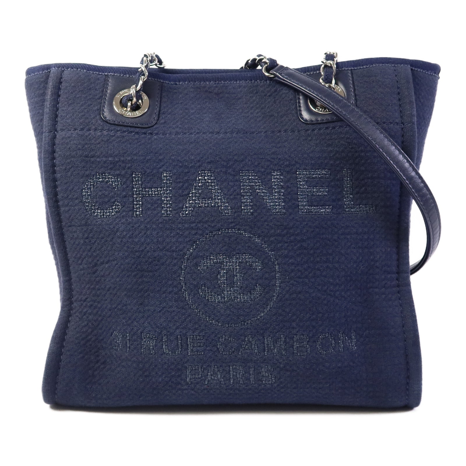 CHANEL 帆布Deauville Tote銀扣鏈帶肩背袋