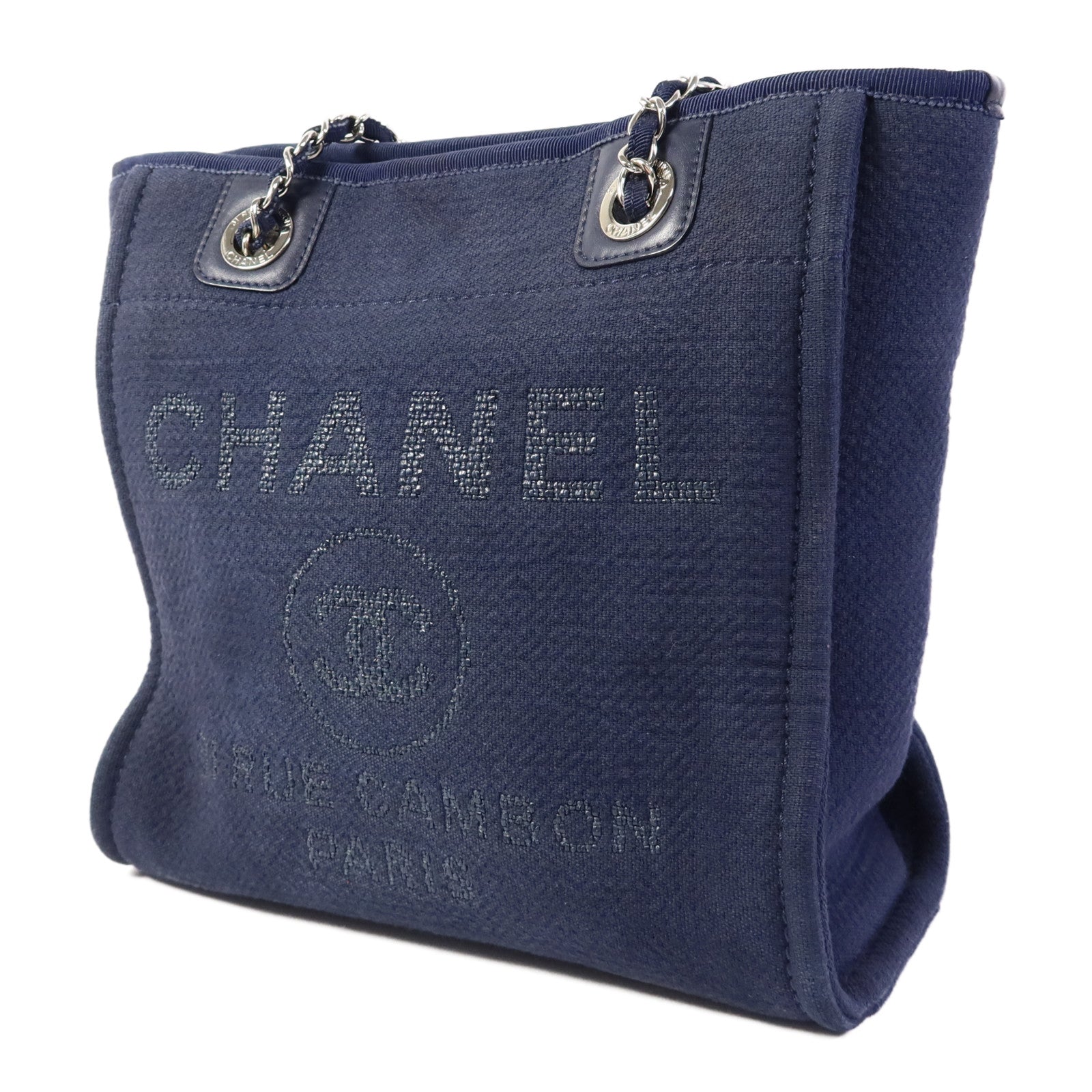 CHANEL 帆布Deauville Tote銀扣鏈帶肩背袋