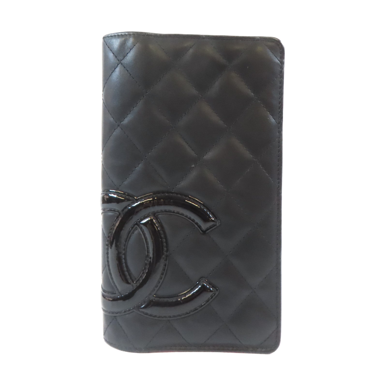 CHANEL 菱格牛皮皮革Cambon Wallet銀扣長錢包黑色