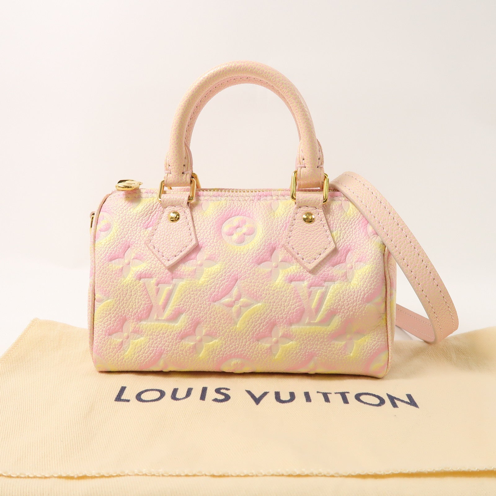 LOUIS VUITTON Monogram Empreinte Nano Speedy金扣手挽肩背兩用袋粉紅色/黃色