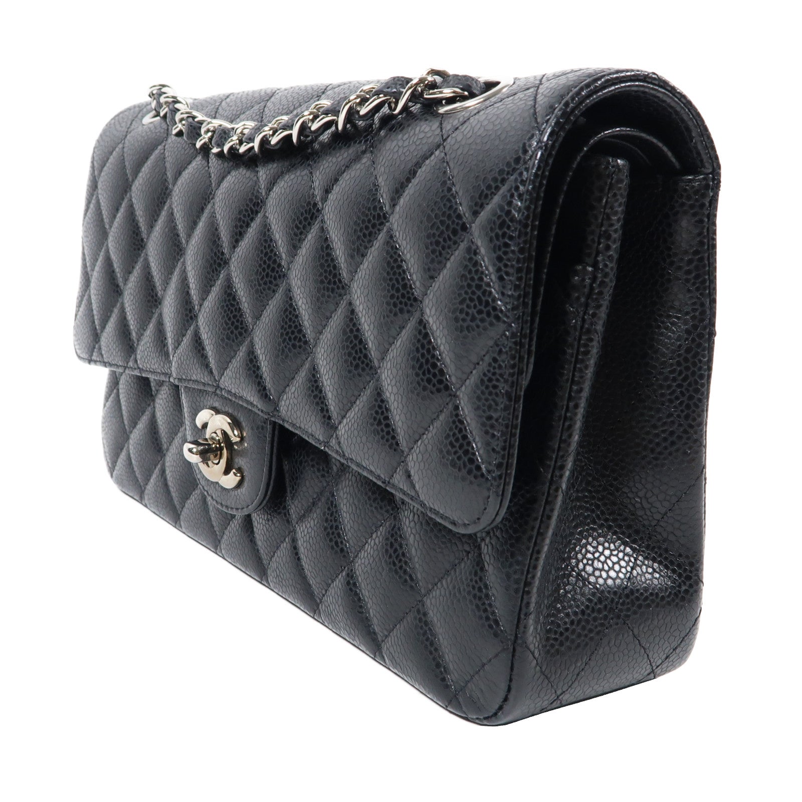 CHANEL 菱格Caviar皮革Classic Flap 25銀扣鏈帶肩背袋黑色