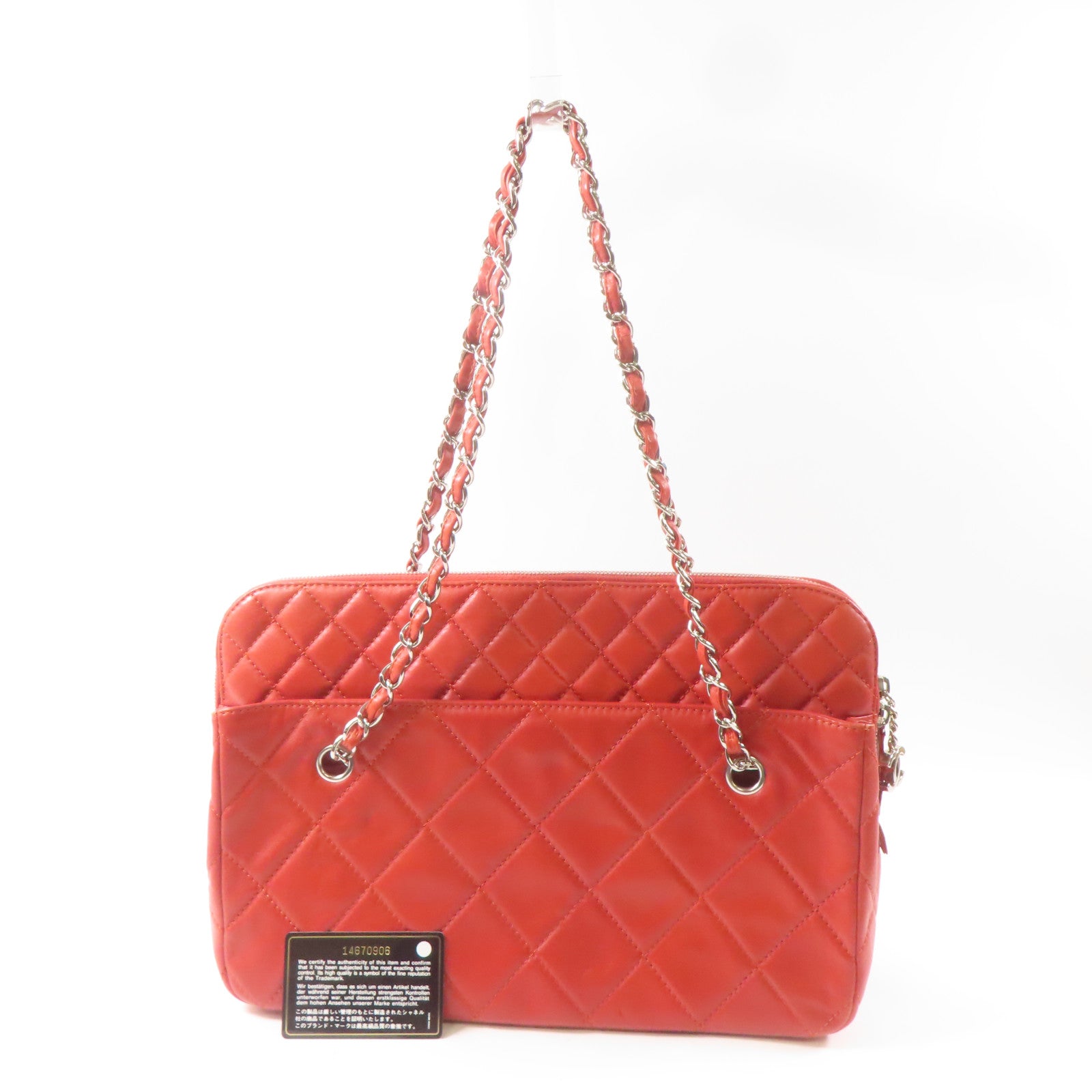 CHANEL 【激減優惠】菱格牛皮皮革Tote Bag銀扣鏈帶手挽袋紅色