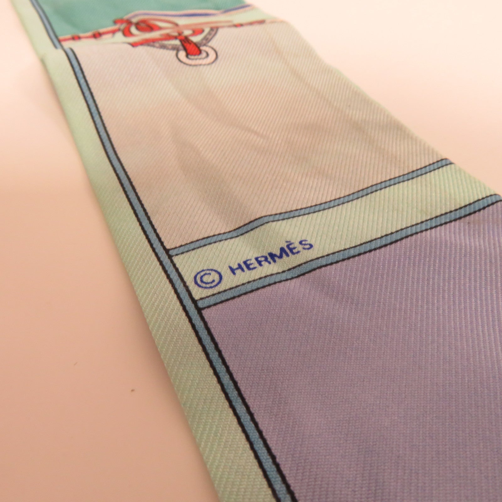 HERMES 【激減優惠】絲質Twilly絲巾綠色/藍色
