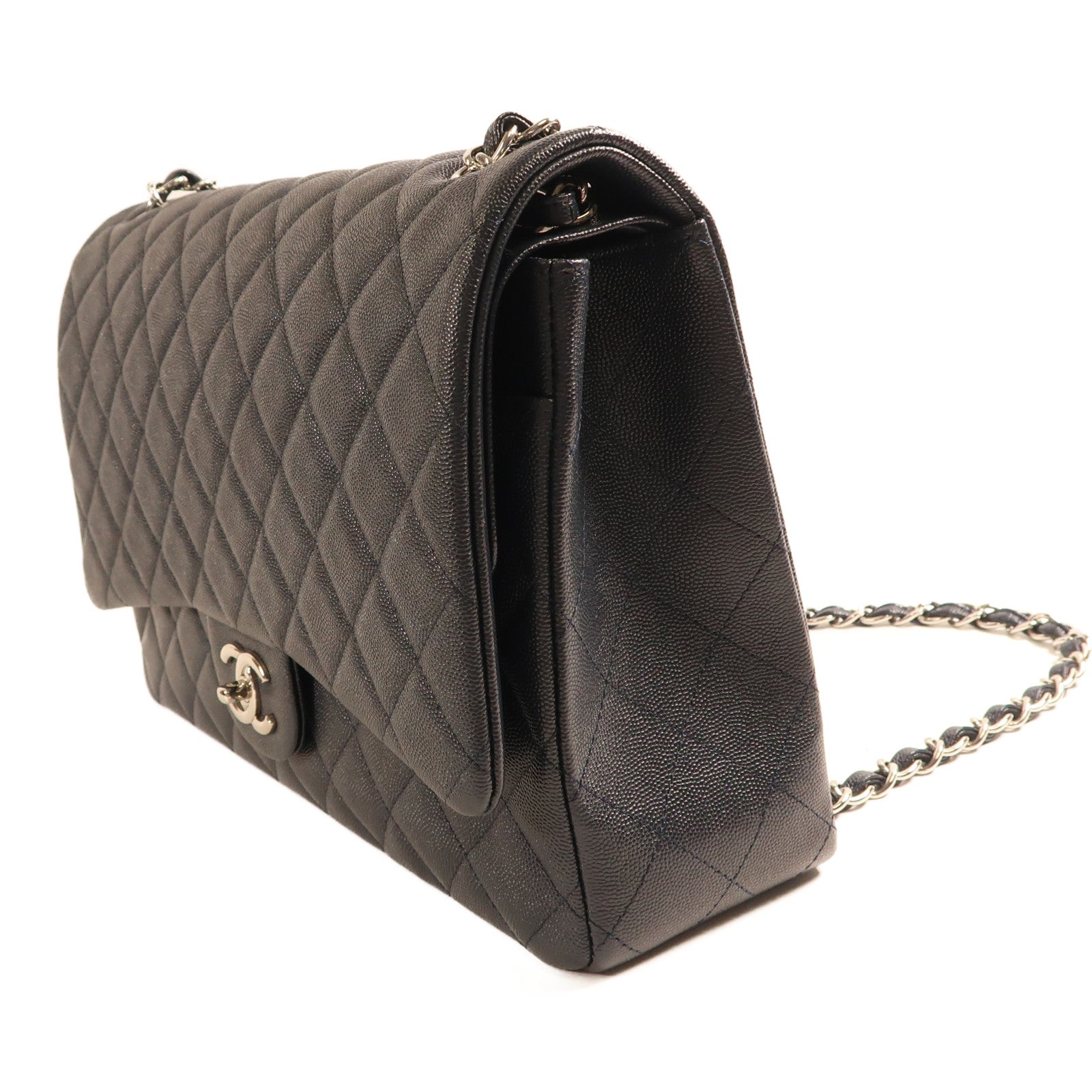 CHANEL 牛皮皮革Maxi Classic銀扣鏈帶肩背袋