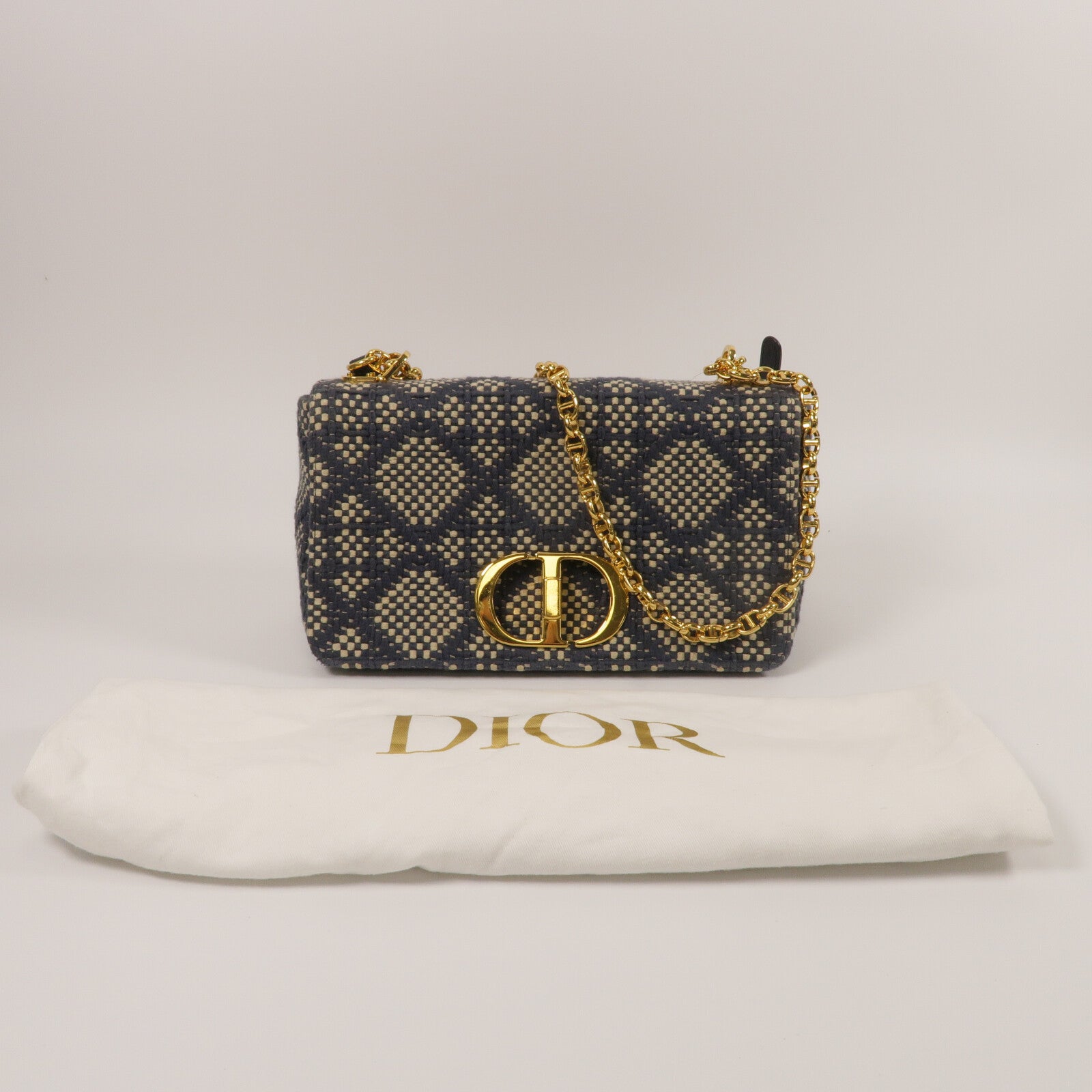 Dior Tweed/牛皮皮革Caro Medium鏈帶肩背袋