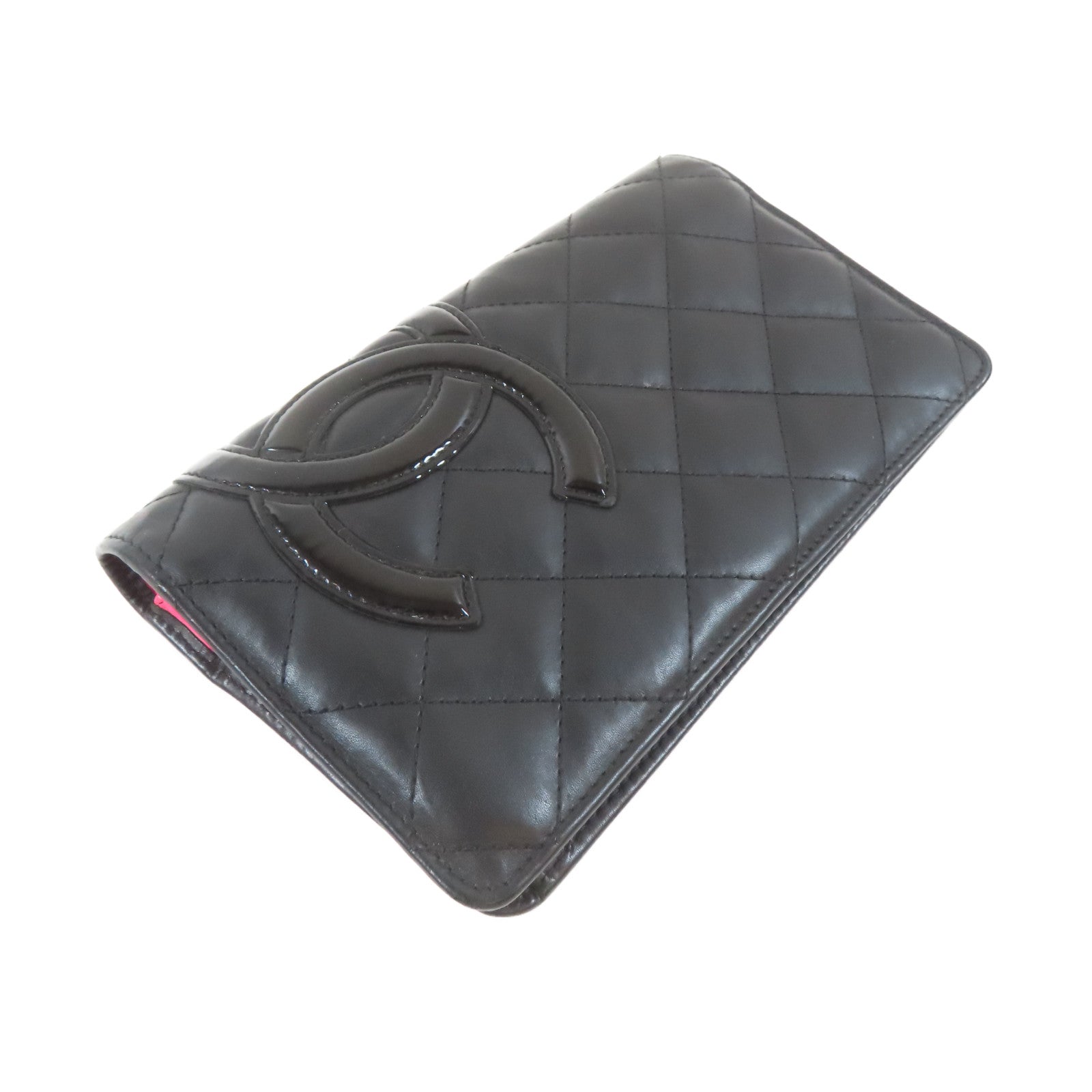 CHANEL 菱格牛皮皮革Cambon Wallet銀扣長錢包黑色