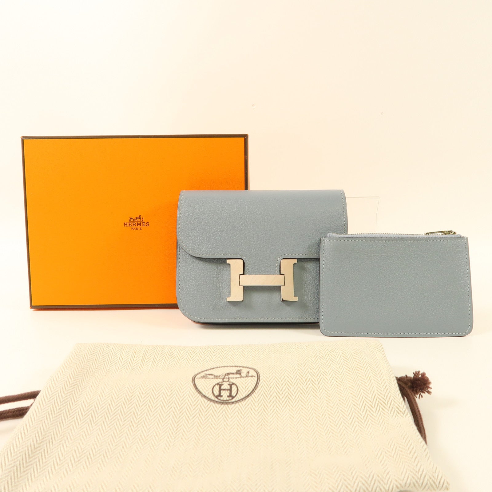HERMES Clemence皮革Constance Slim銀扣錢包Blue