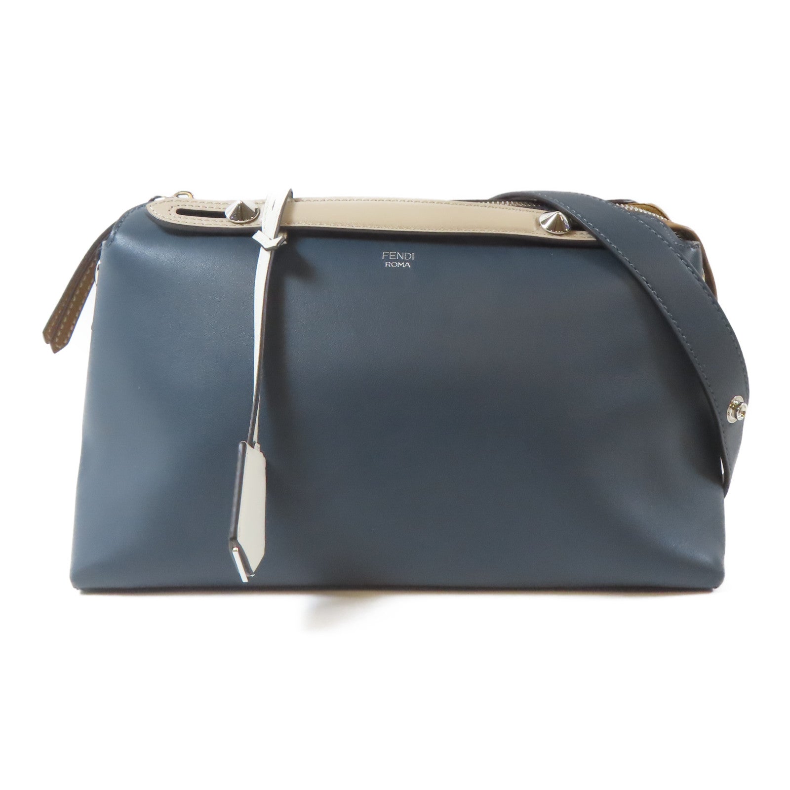 FENDI 皮革By The Way銀扣手挽肩背兩用袋深藍色