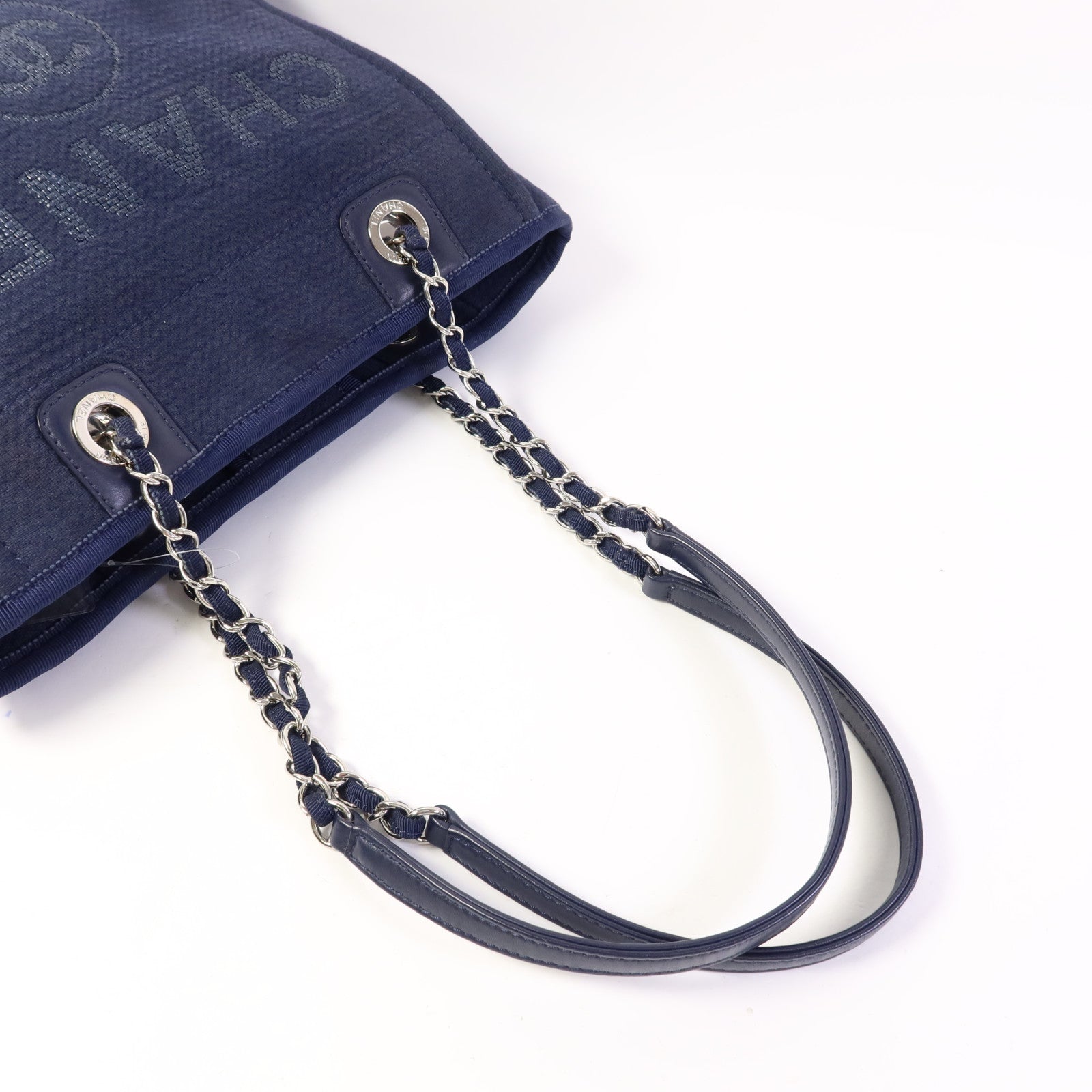 CHANEL 帆布Deauville Tote銀扣鏈帶肩背袋
