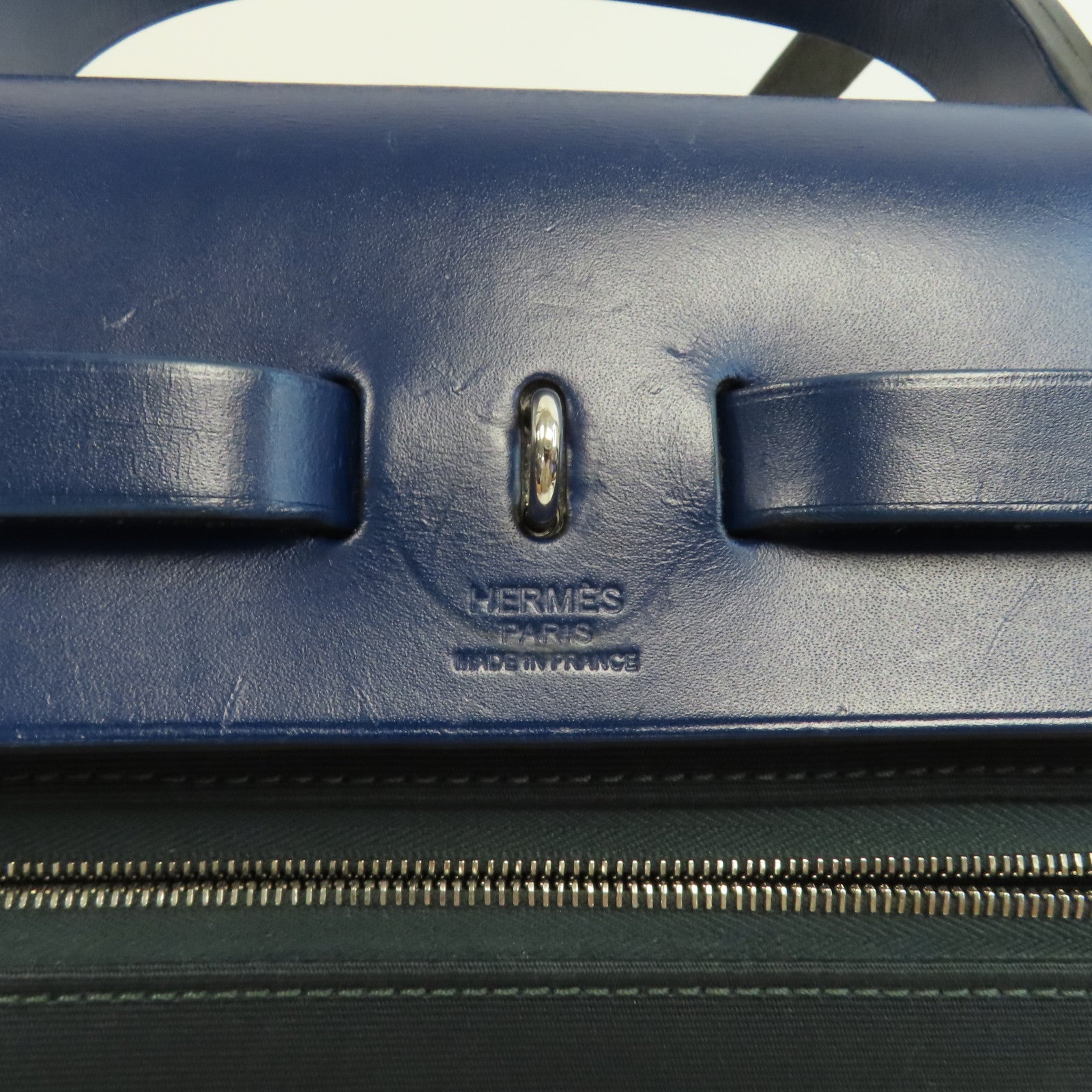 HERMES 帆布Herbag PM銀扣手挽肩背兩用袋Vert Cypres/綠色/藍色
