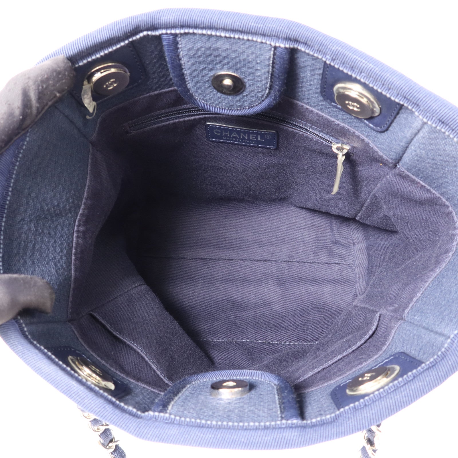 CHANEL 帆布Deauville Tote銀扣鏈帶肩背袋