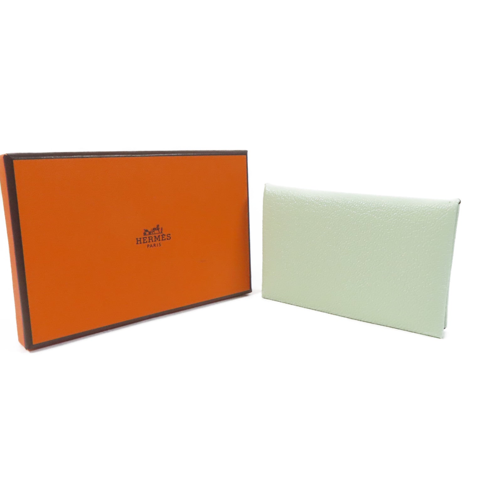 HERMES Chevre皮革Calvi Card銀扣卡片套Vert Fizzl/Menthe綠色