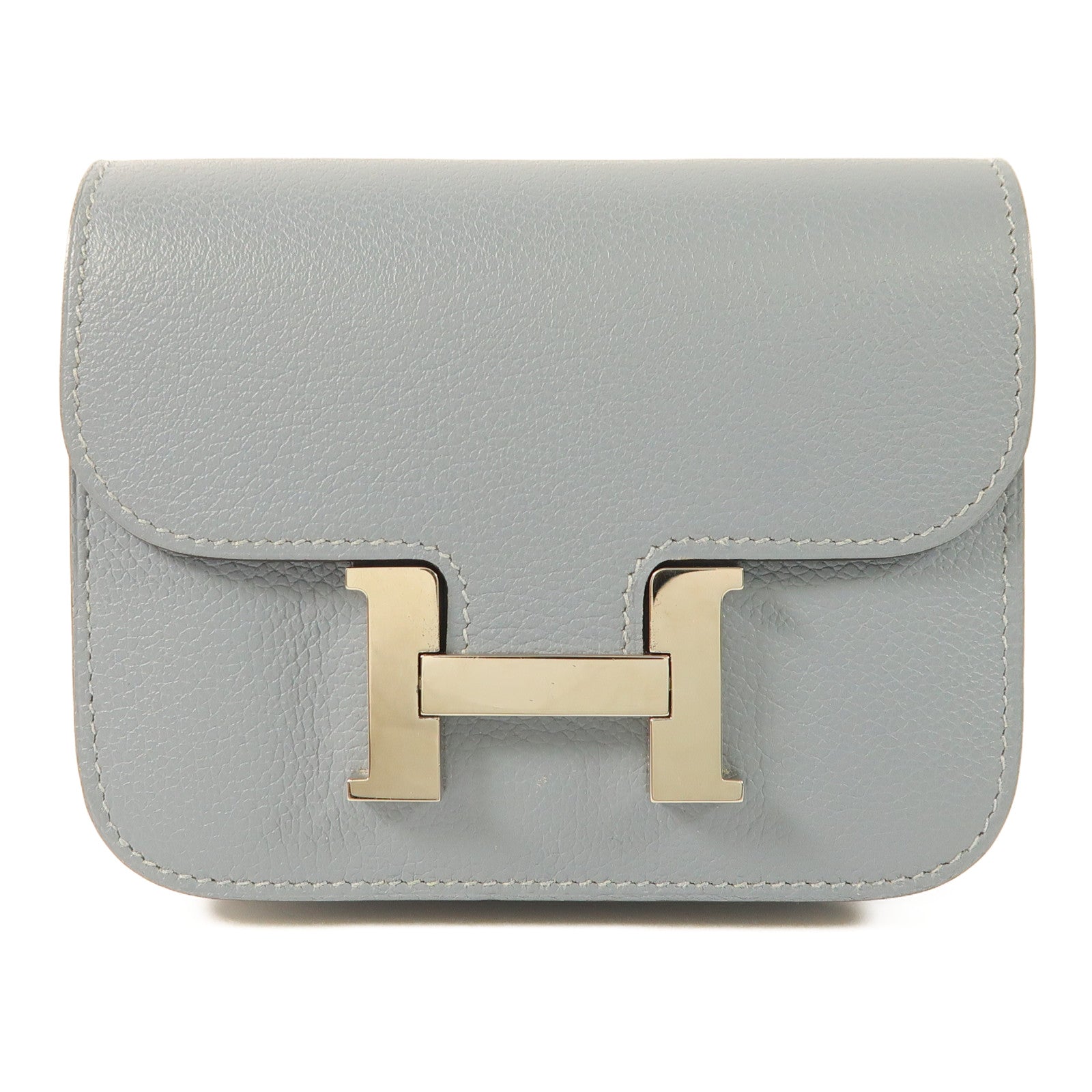 HERMES Clemence皮革Constance Slim銀扣錢包Blue