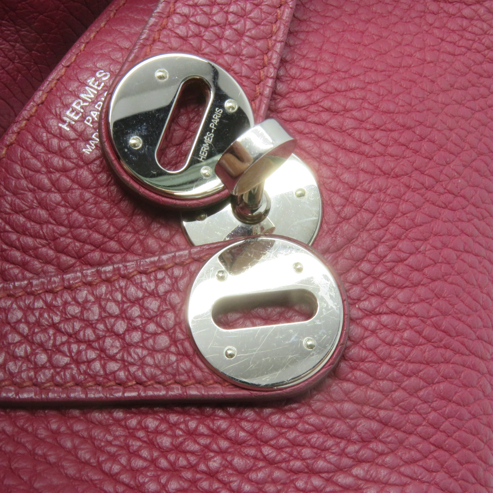 HERMES Clemence Leather Lindy 30 2Way Shoulder Bag Silver Buckle Handle Shoulder Bag Ruby Wine Red