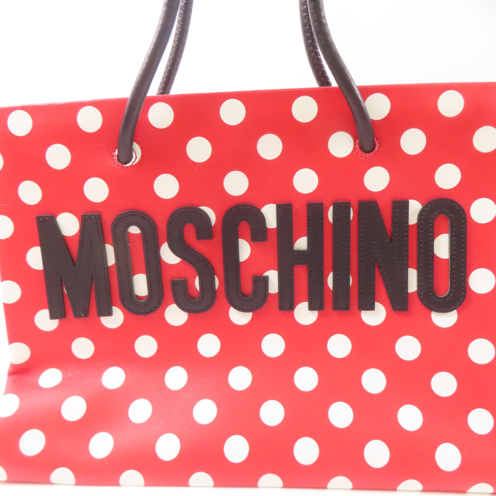 MOSCHINO Tote Bag Handbag 2 Way Shoulder Bag Calfskin Leather Red/White