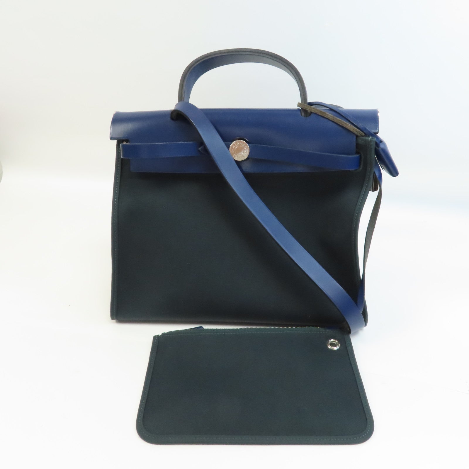 HERMES 帆布Herbag PM銀扣手挽肩背兩用袋Vert Cypres/綠色/藍色