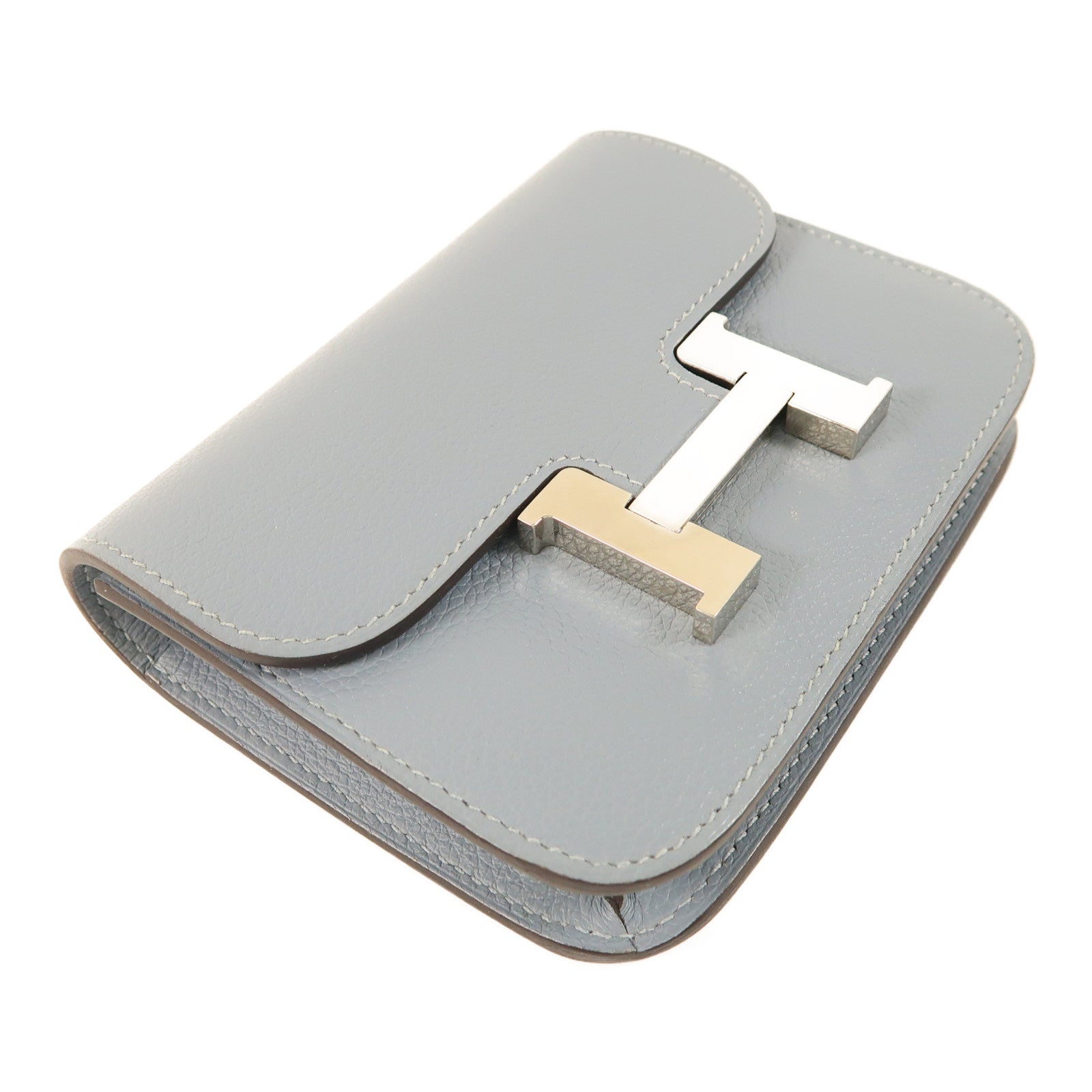 HERMES Clemence皮革Constance Slim銀扣錢包Blue