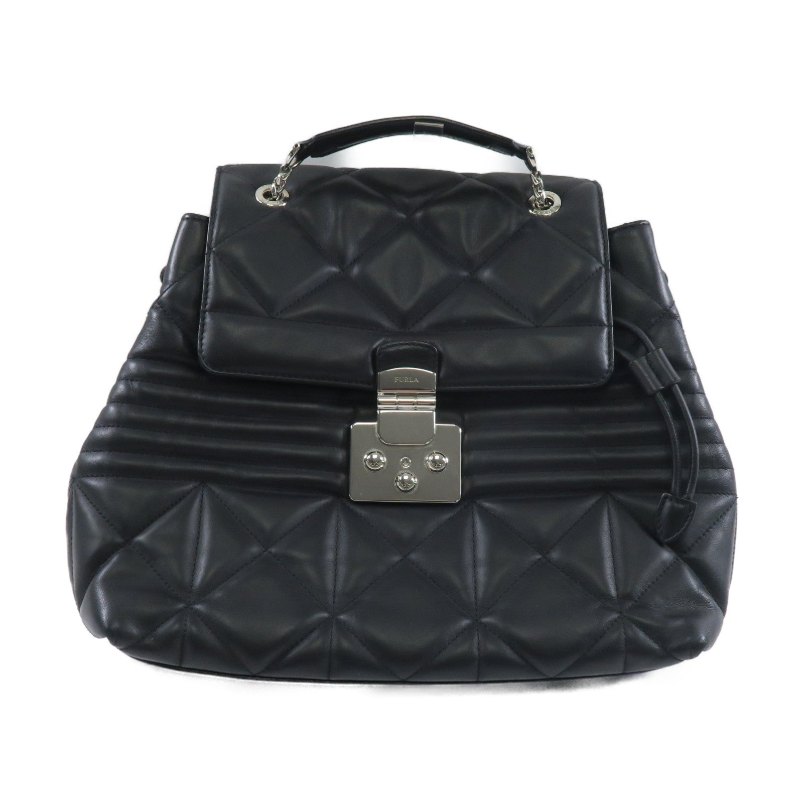 Furla 牛皮皮革Backpack銀扣鏈帶背包黑色