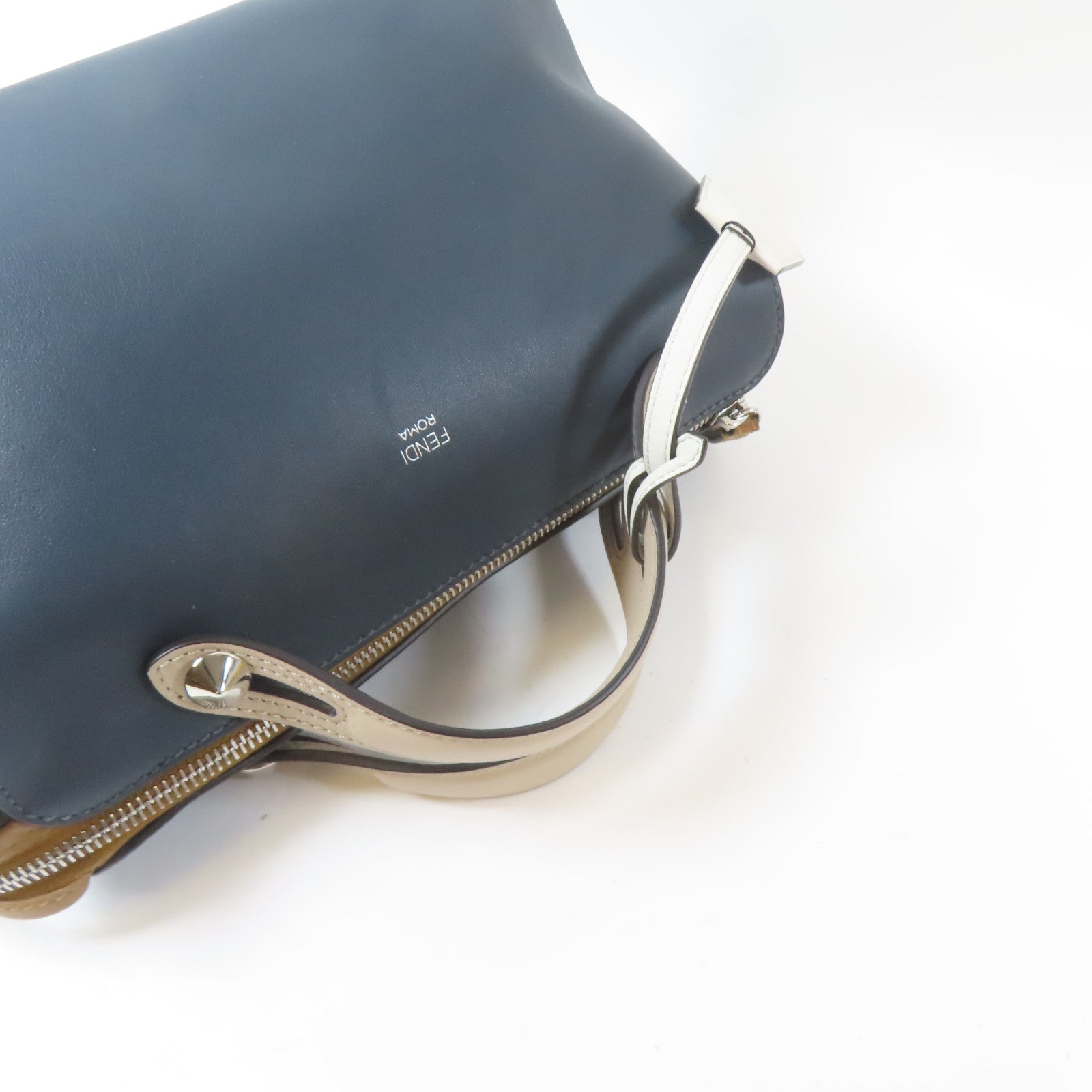 FENDI 皮革By The Way銀扣手挽肩背兩用袋深藍色