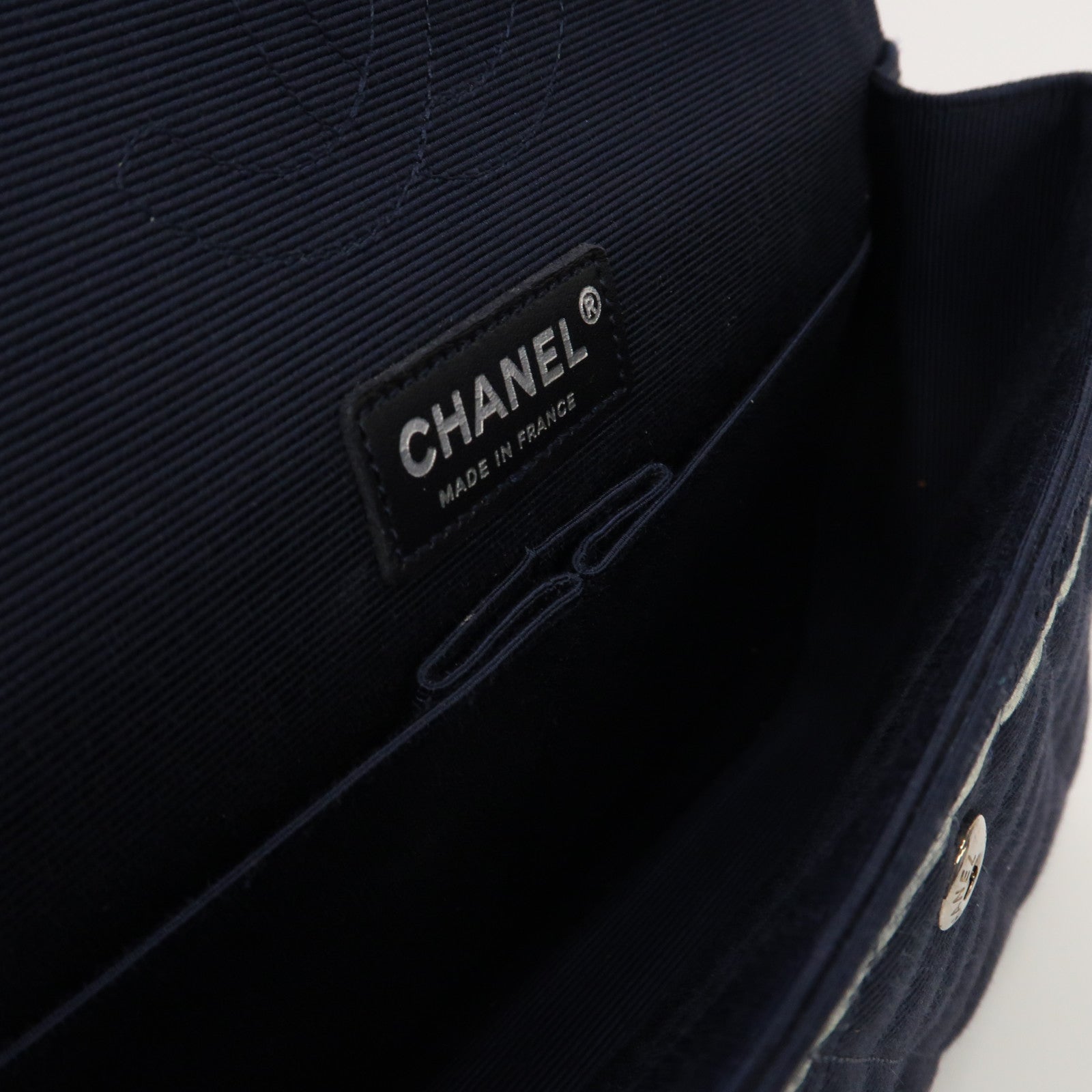 CHANEL 菱格帆布Chain Shoulder Bag銀扣肩背袋深藍色