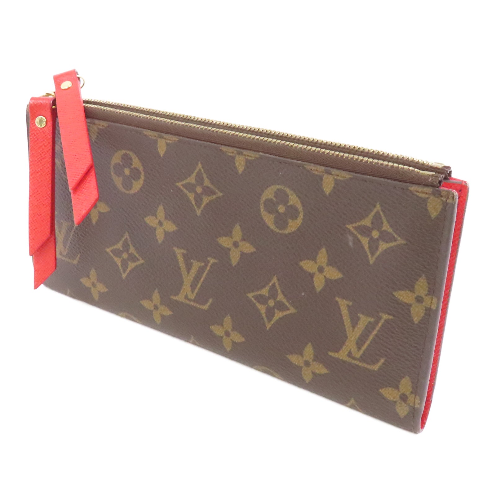 LOUIS VUITTON Monogram Double Zipper Wallet金扣長錢包啡色/紅色