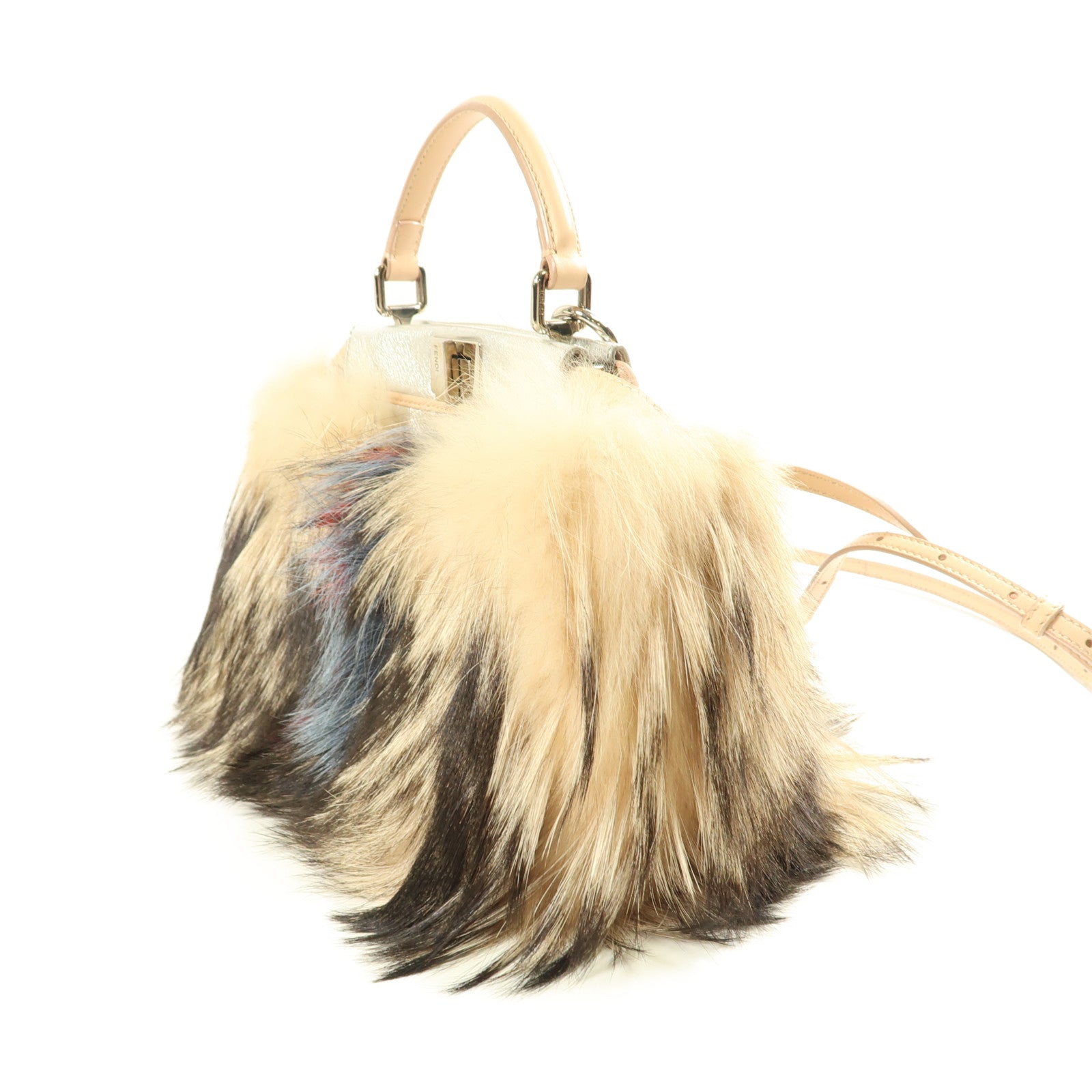 FENDI 狐狸毛Peekaboo S Size銀扣手挽肩背兩用袋