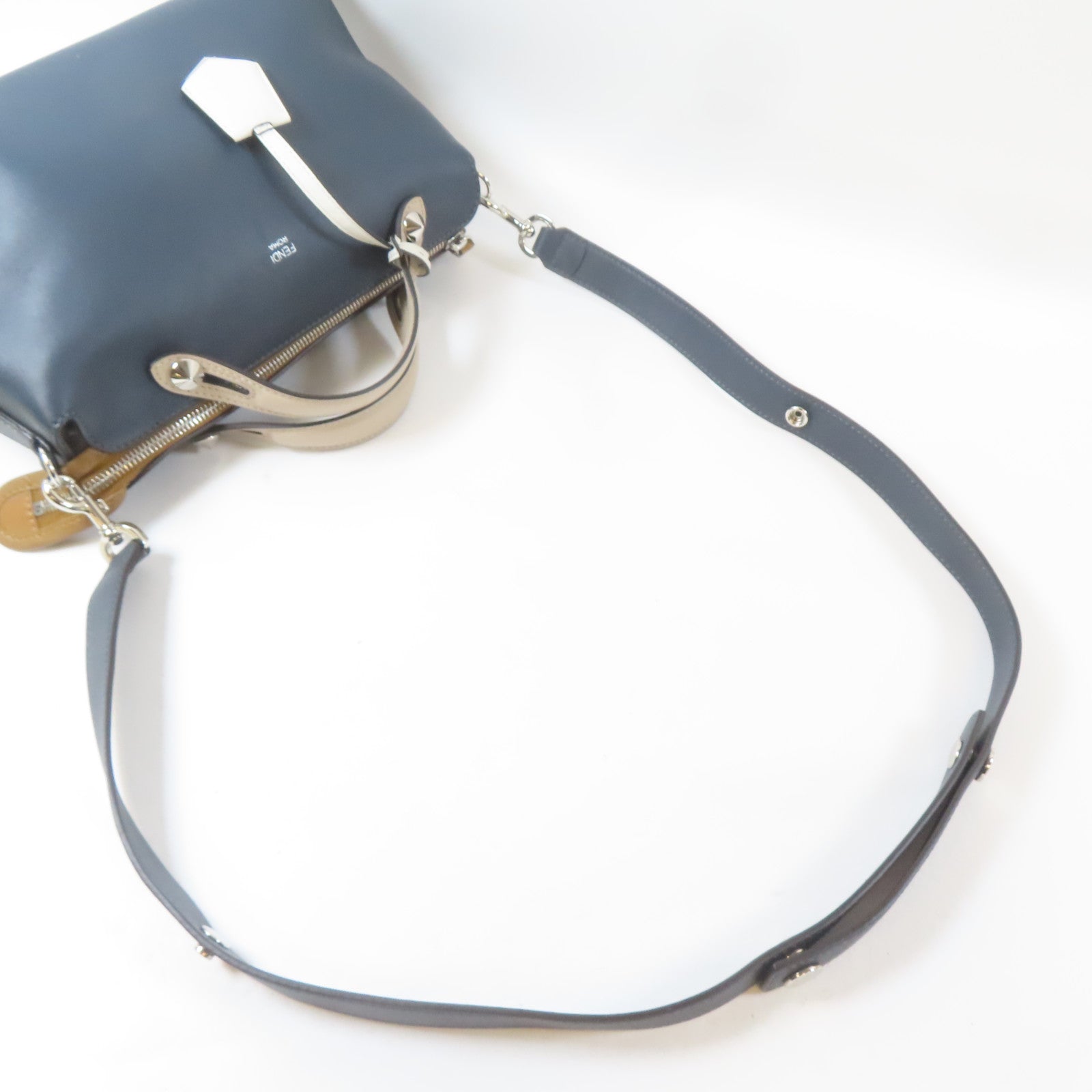 FENDI 皮革By The Way銀扣手挽肩背兩用袋深藍色