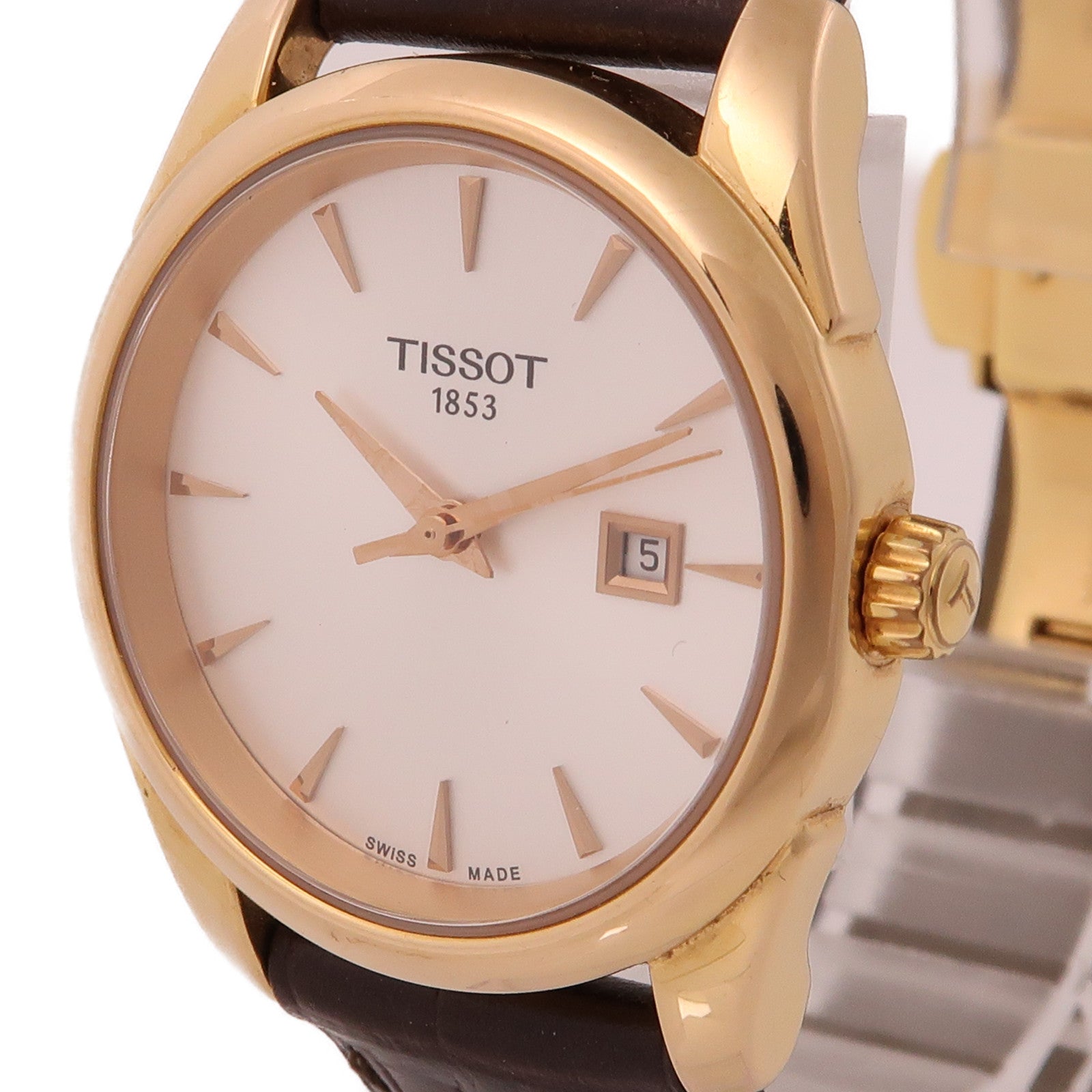TISSOT Vintage 18K玫瑰金/皮革帶手錶石英機芯銀色