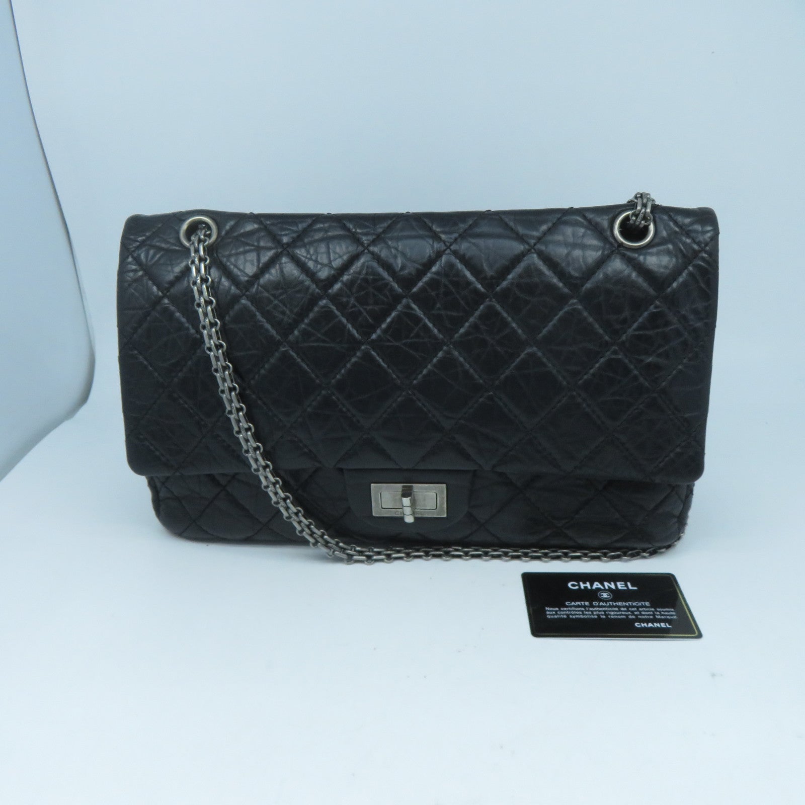 CHANEL 【激減優惠】菱格牛皮皮革2.55銀扣鏈帶肩背袋黑色