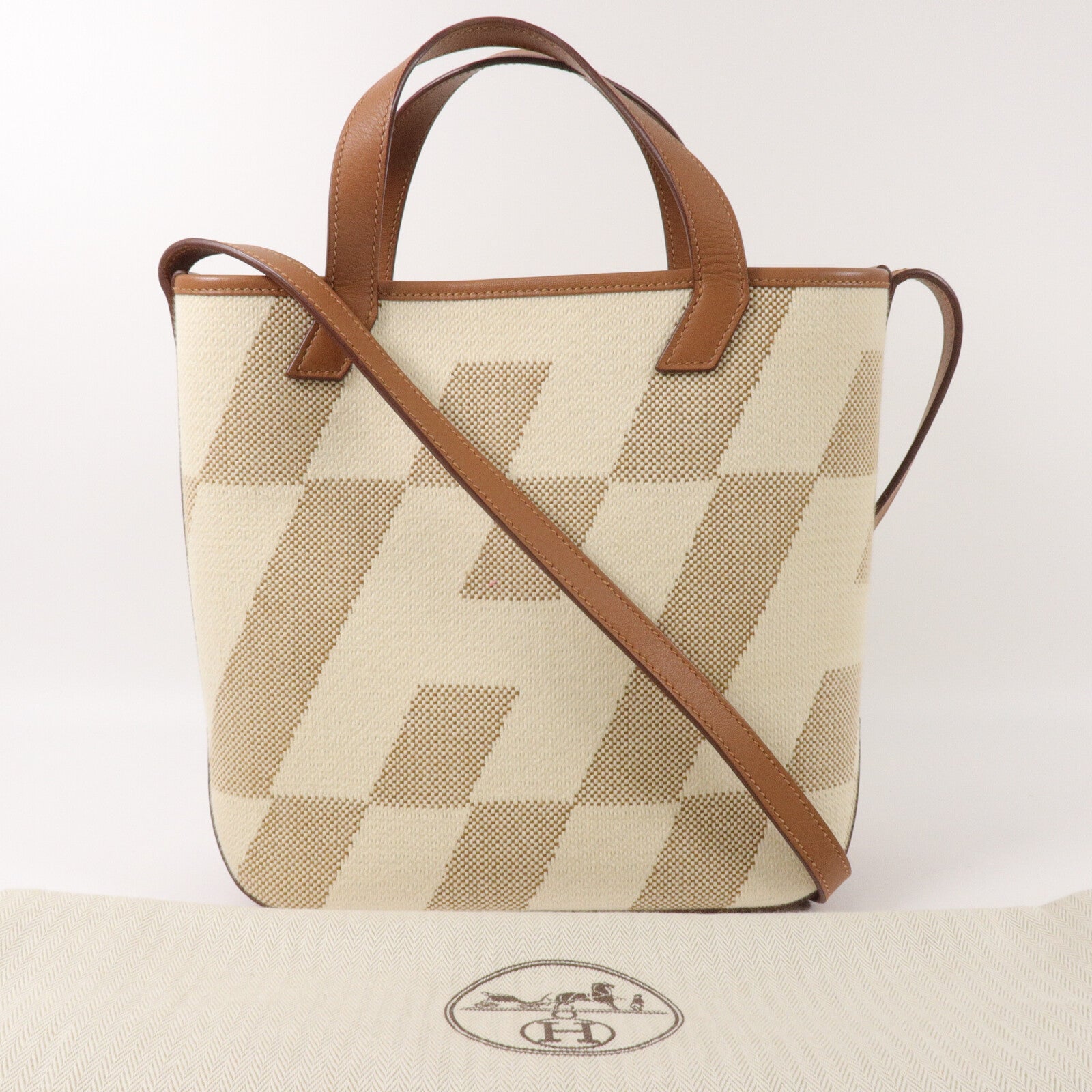 HERMES 帆布Cabas H En Biais 27手挽肩背兩用袋Gold/Beige