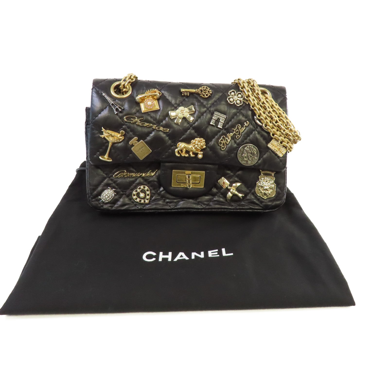 CHANEL 菱格牛皮皮革Lucky Charm 2.55 Chain Shoulder Bag金扣鏈帶肩背袋黑色