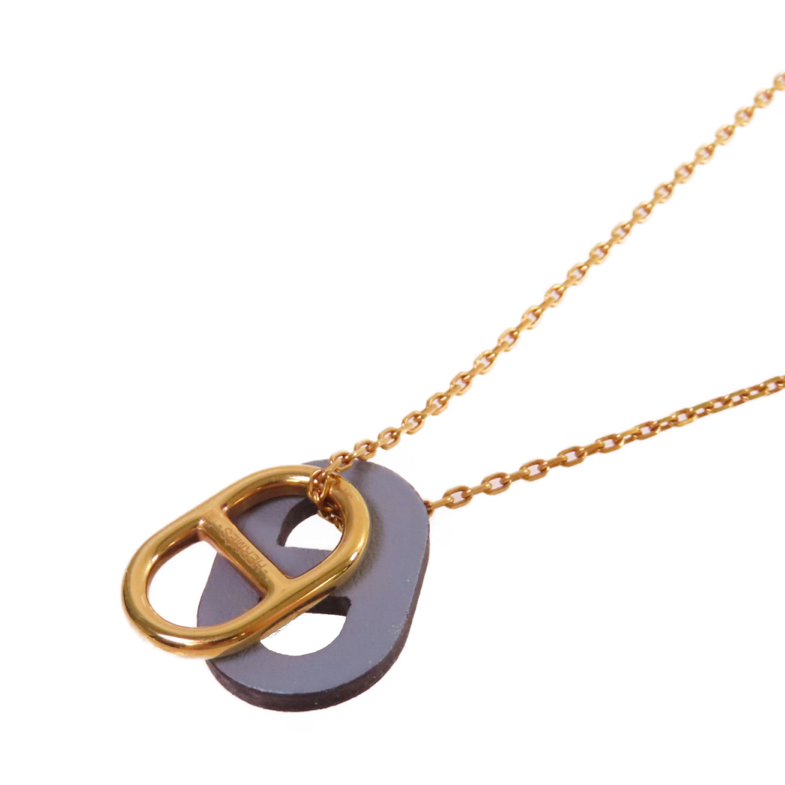 HERMES 牛皮皮革/金屬O'Maillon Pendant Necklace項鏈啡色/金色